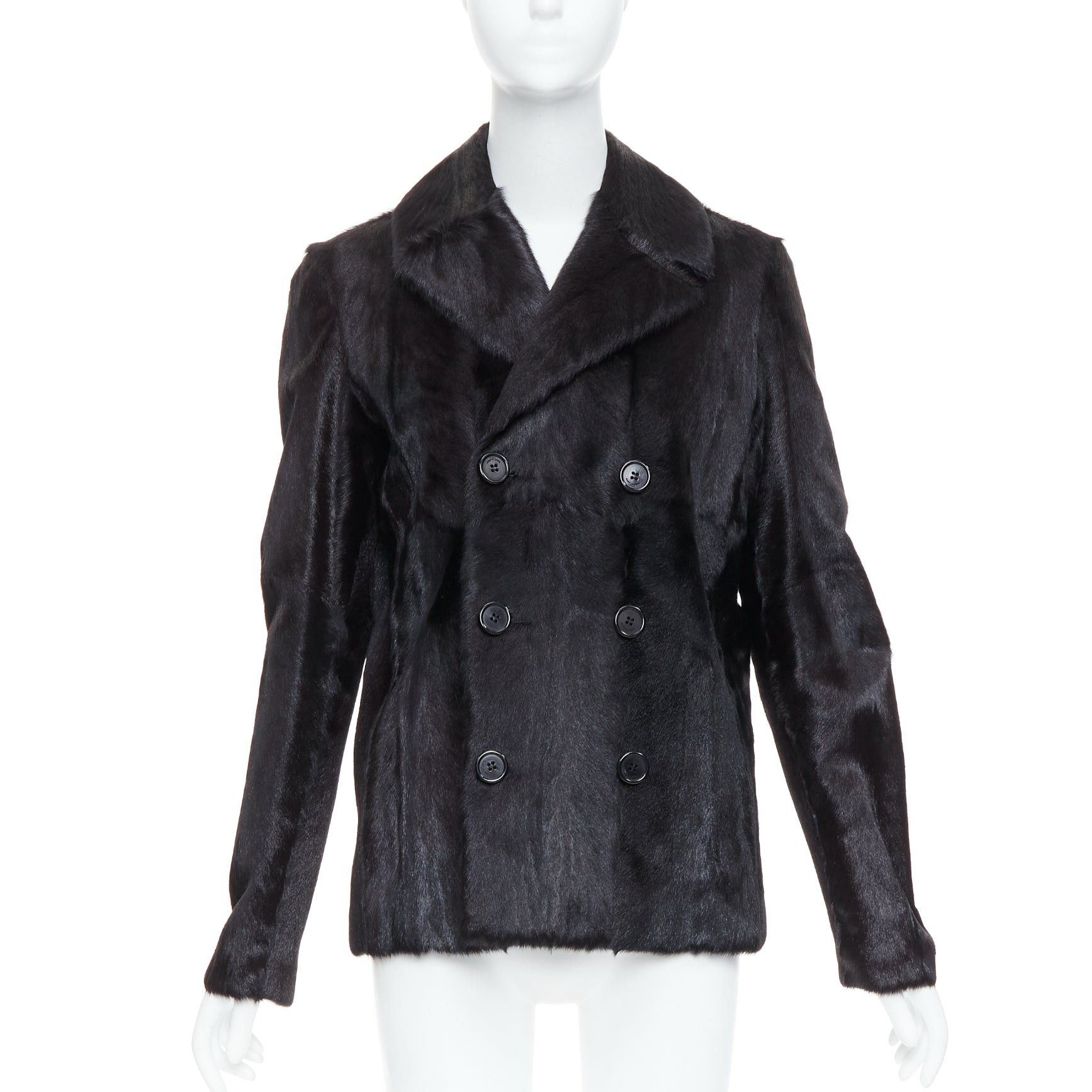 SAINT LAURENT 2017 black goat fur double breasted coat jacket FR44 2XL