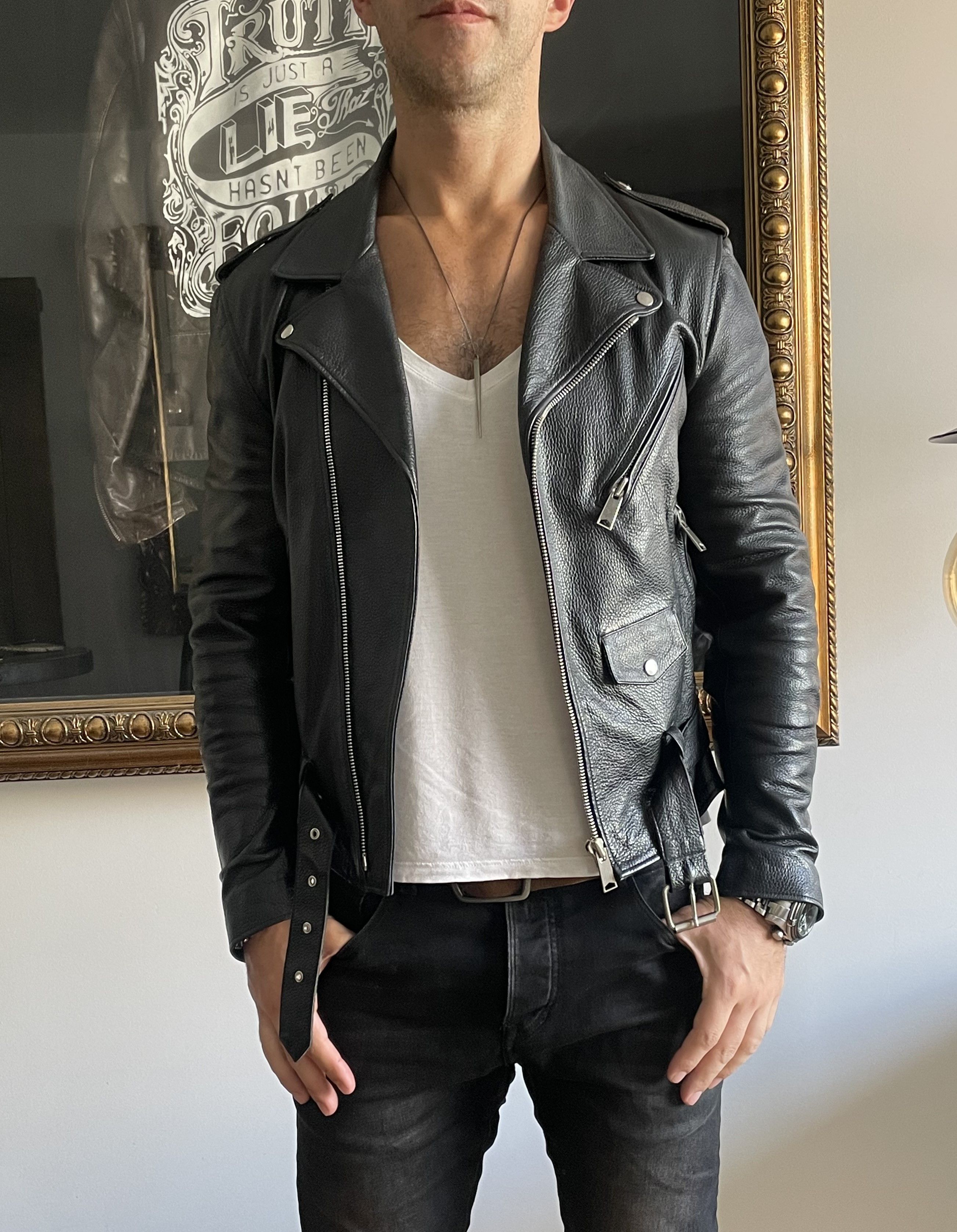 Sandro Sandro Leather Biker Jacket with Fur Collar Schott Varvatos Size US M / EU 48-50 / 2 - 8 Thumbnail