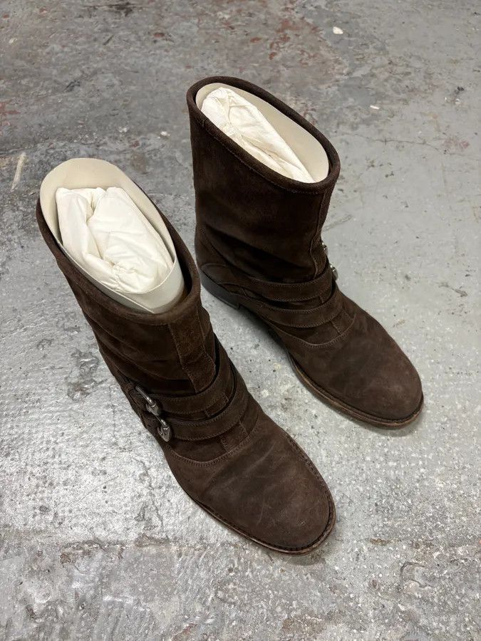 Gucci 2000s Gucci Brown Biker Buckles Ankle Eroded Suede Leather Boots Size US 7.5 / EU 40-41 - 4 Thumbnail
