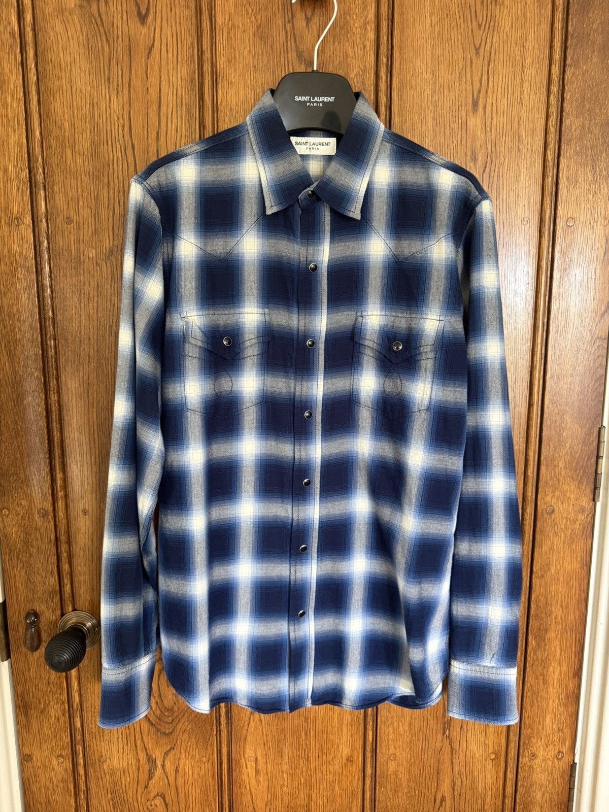 Saint Laurent Paris FW16 Saint Laurent blue white shadow western flannel Hedi Size US S / EU 44-46 / 1 - 1 Thumbnail