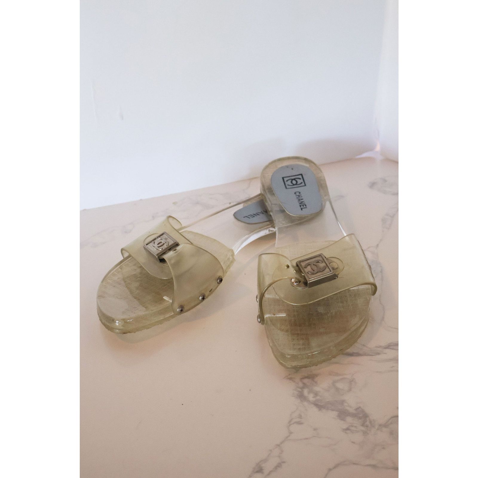 Chanel Vintage CHANEL Clear Interlocking CC Logo PVC Slides Size US 10 / IT 40 - 1 Thumbnail