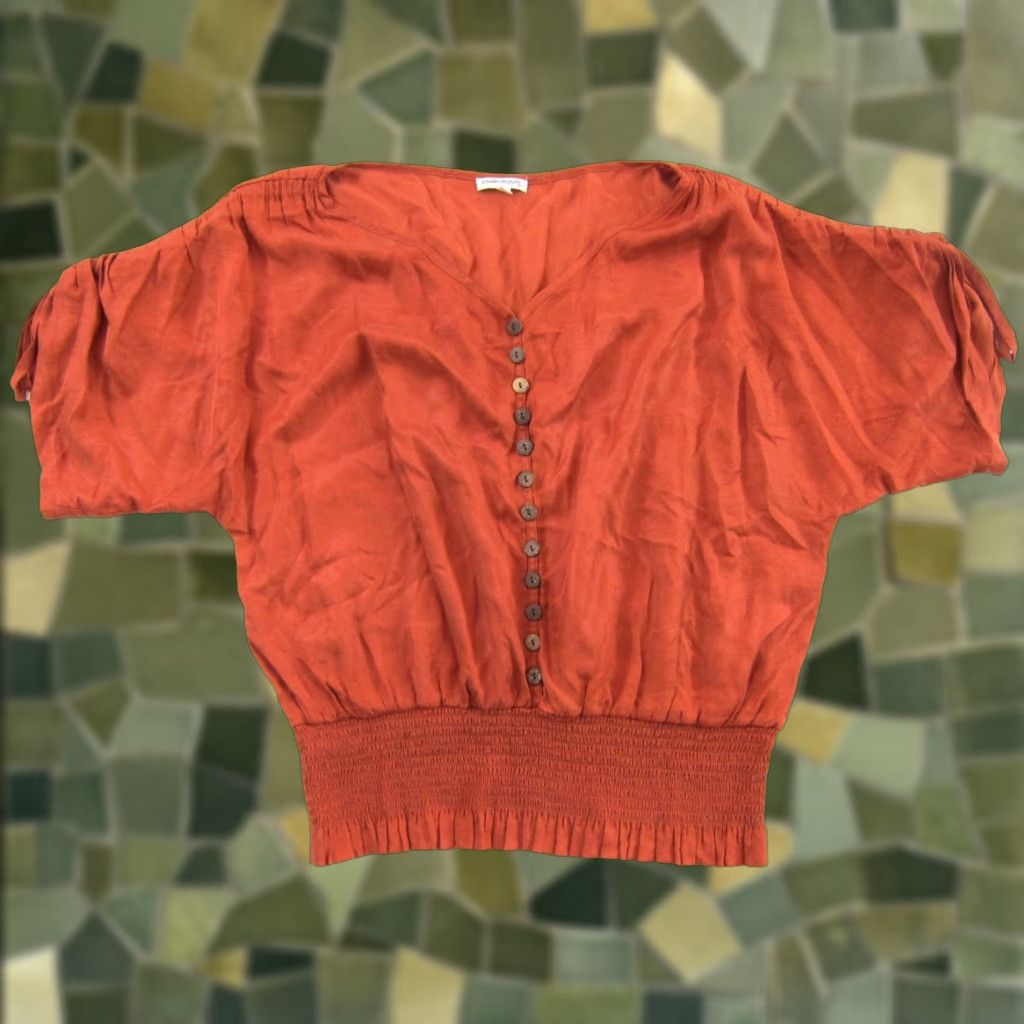 Vintage Claudia Richard Blouse V-Neck Short Sleeve Elastic Waist 2X Orange Rayon Cotton Women BASIC Casual/Business Style 70s Retro Floral 2X Womens Size XXL / US 16-18 / IT 52-54 - 1 Thumbnail