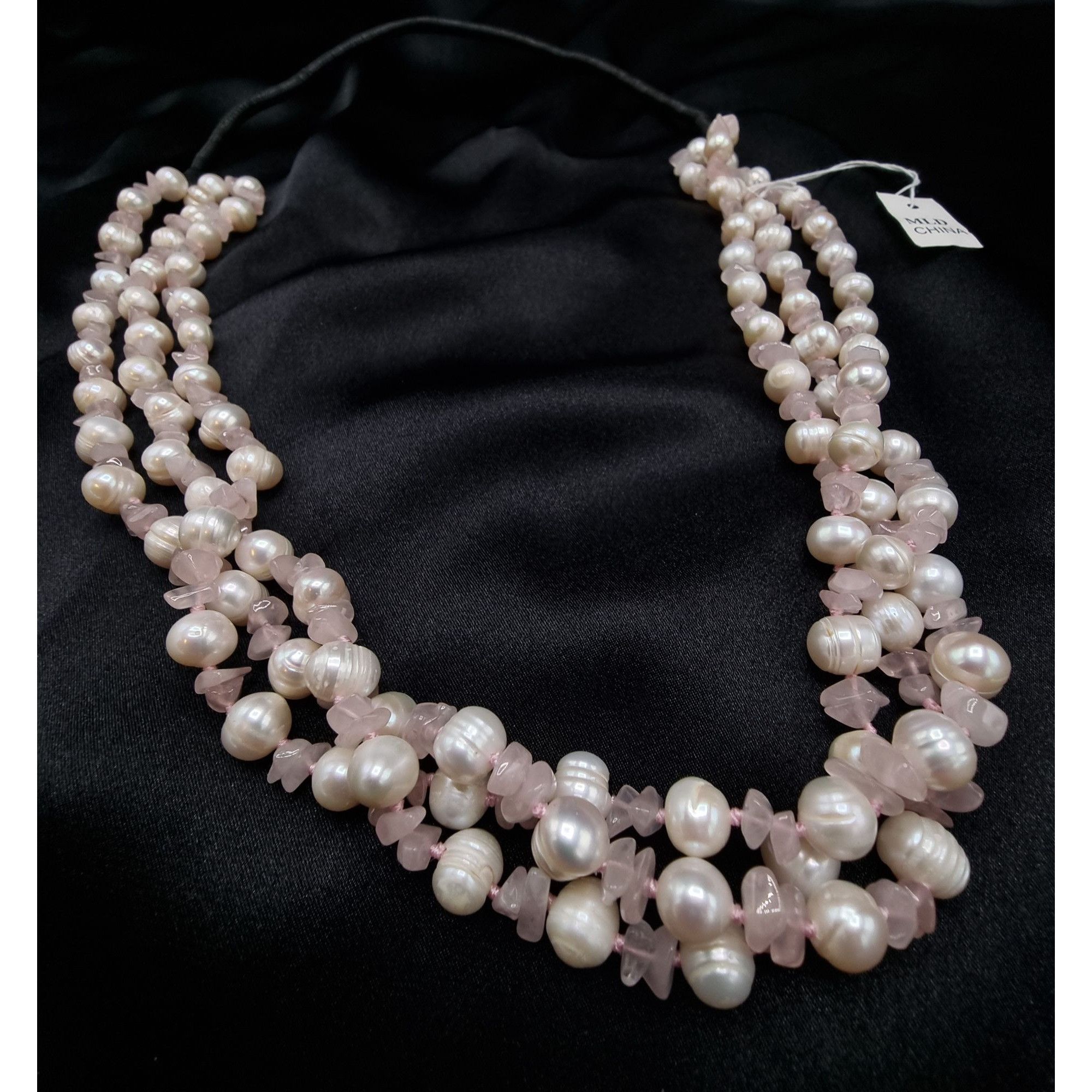 Vintage MLD Signed Freshwater Pearl & Rose Quartz Triple Strand Neck Size ONE SIZE - 3 Thumbnail
