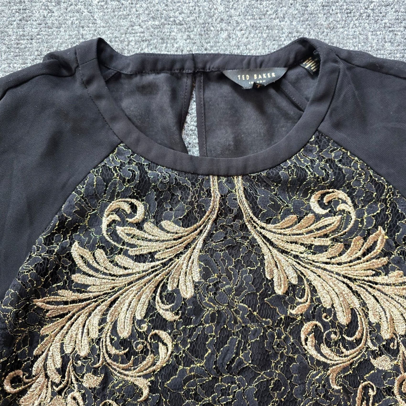 Ted Baker Ted Baker Top Womens Size 3 Black Gold Embroidery Floral Sheer Classic Cocktail blouse Size M / US 6-8 / IT 42-44 - 2 Thumbnail