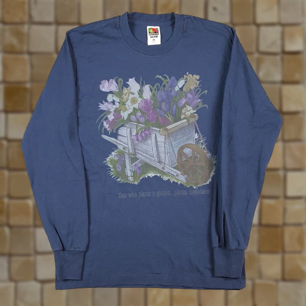 Fruit Of The Loom Vintage Fruit of the Loom Men's 90s Floral Long Sleeve T-Shirt Small Blue Outdoor Garden Retro Y2K Size US S / EU 44-46 / 1 - 1 Thumbnail
