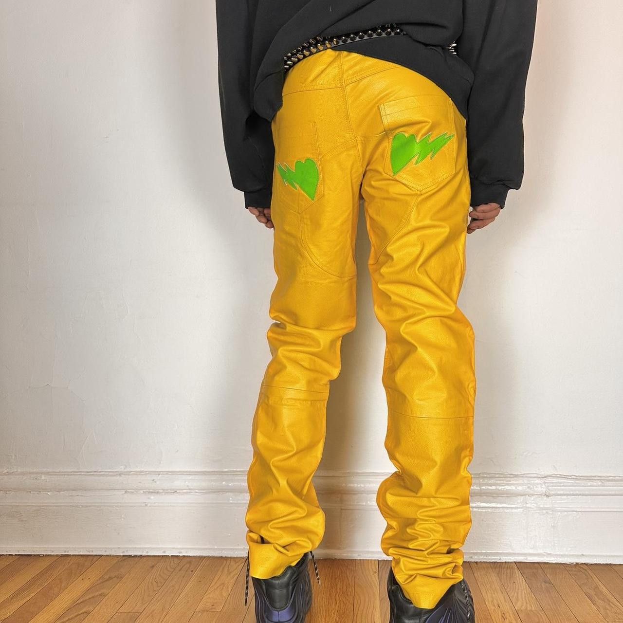 Vintage Seeking Green/Yellow Skeleton Leather Biker Pants - 36x36" Size US 36 / EU 52 - 6 Thumbnail