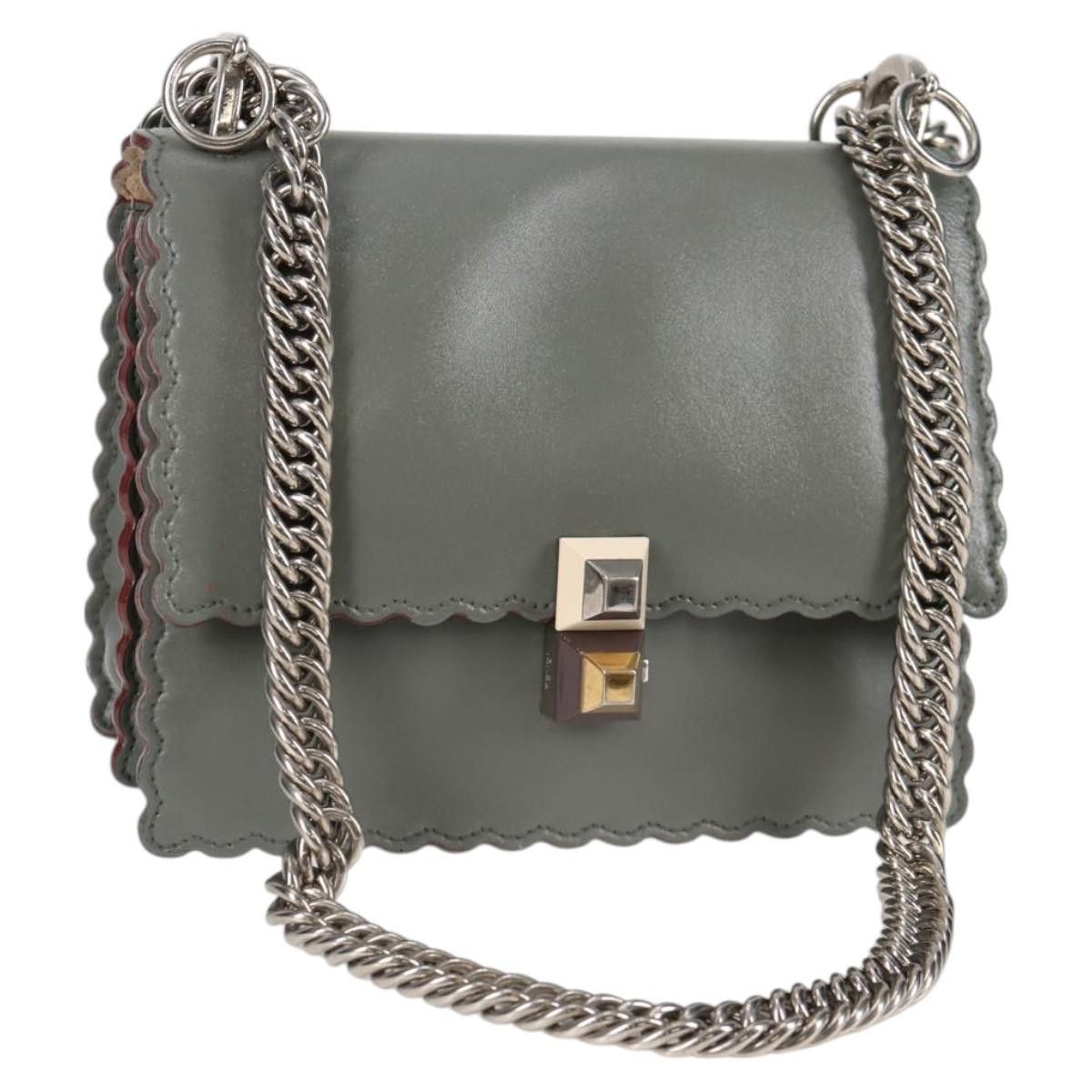 FENDI Chain Shoulder Bag Leather Gray Silver