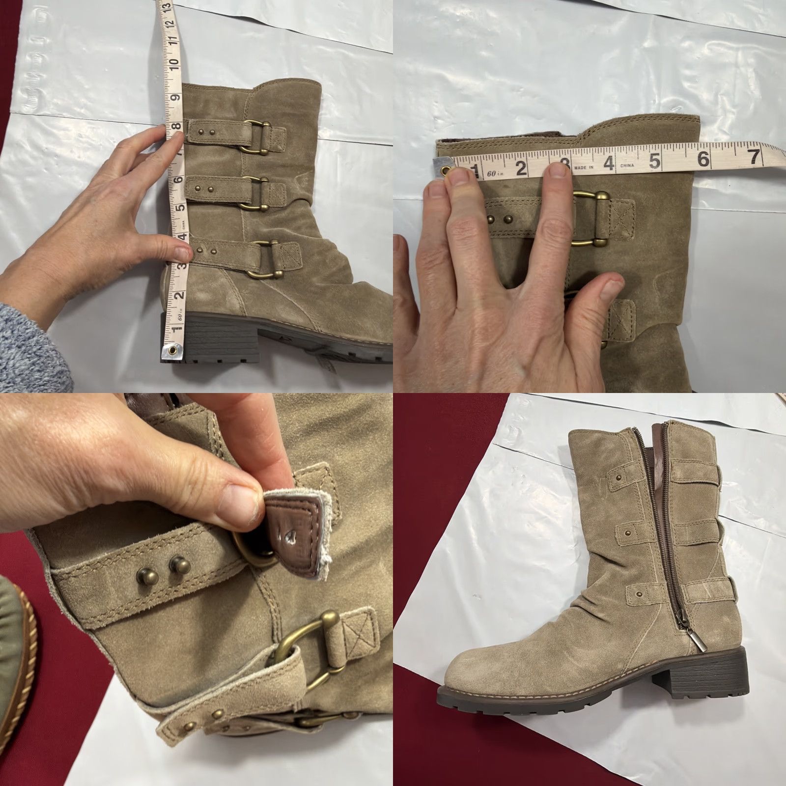 Clarks Boots Mid Calf Tan Suede Leather Side Zip 3 Strap Buckles 60935 Womens Size 8M