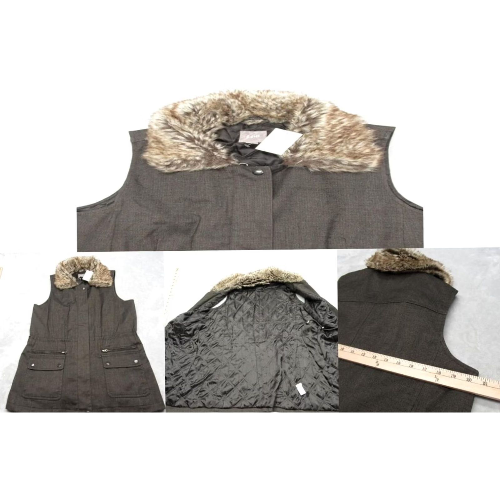 J. Jill J Jill Vest Womens Medium Brown Pockets Cinch Waist Faux Fur Collar Full Zip NEW Size M / US 6-8 / IT 42-44 - 2 Thumbnail