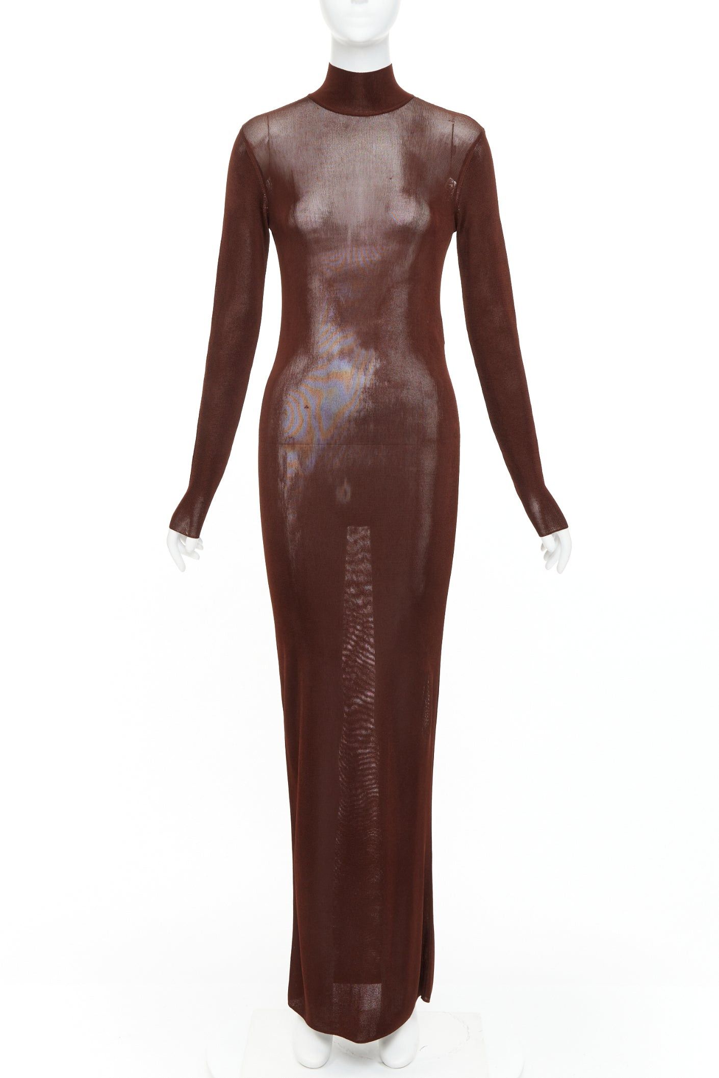 Saint Laurent Paris SAINT LAURENT 2023 Runway chocolate dark brown mock neck sheer knit maxi dress S Size S / US 4 / IT 40 - 1 Thumbnail