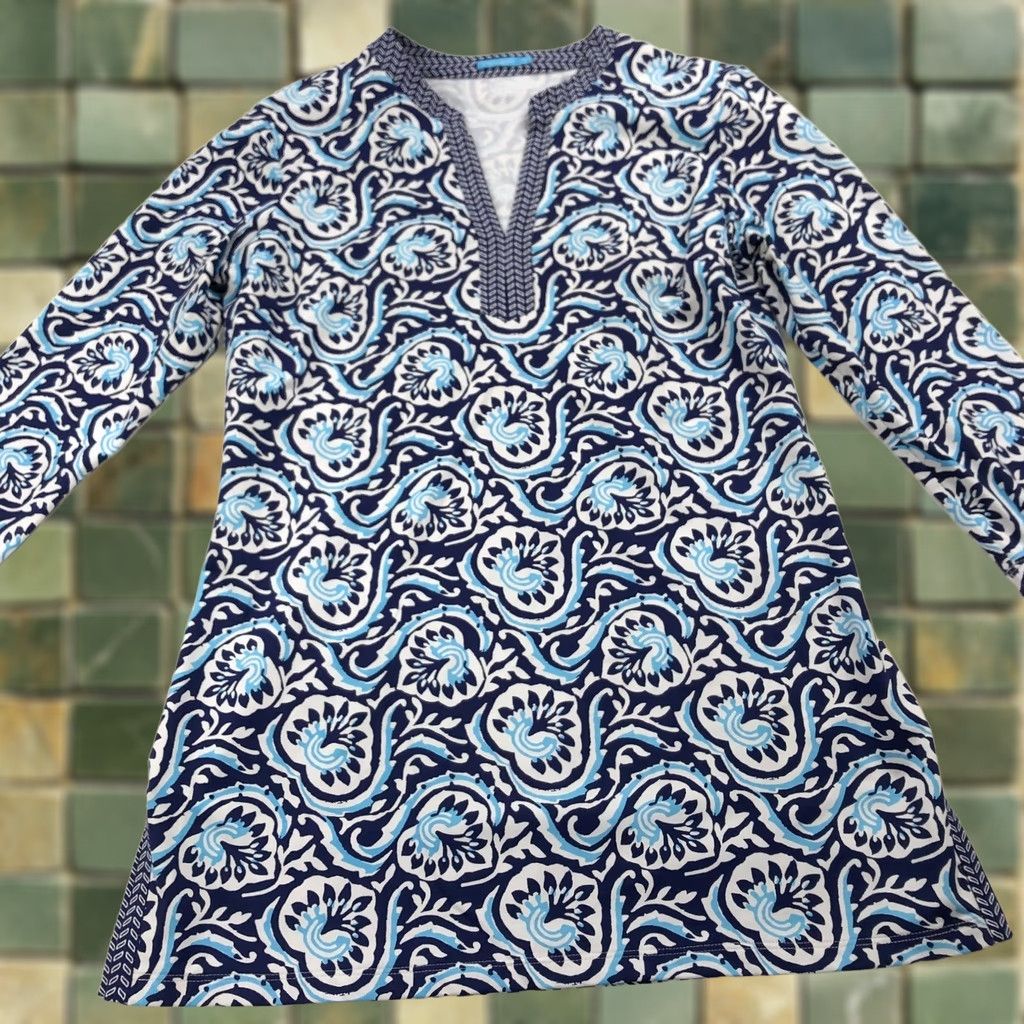 J.McLaughlin J.McLaughlin Shirt Blouse Beach Bohemian V-Neck Long Sleeve Pullover Top All Over Print Blue Womens S Size S / US 4 / IT 40 - 1 Thumbnail