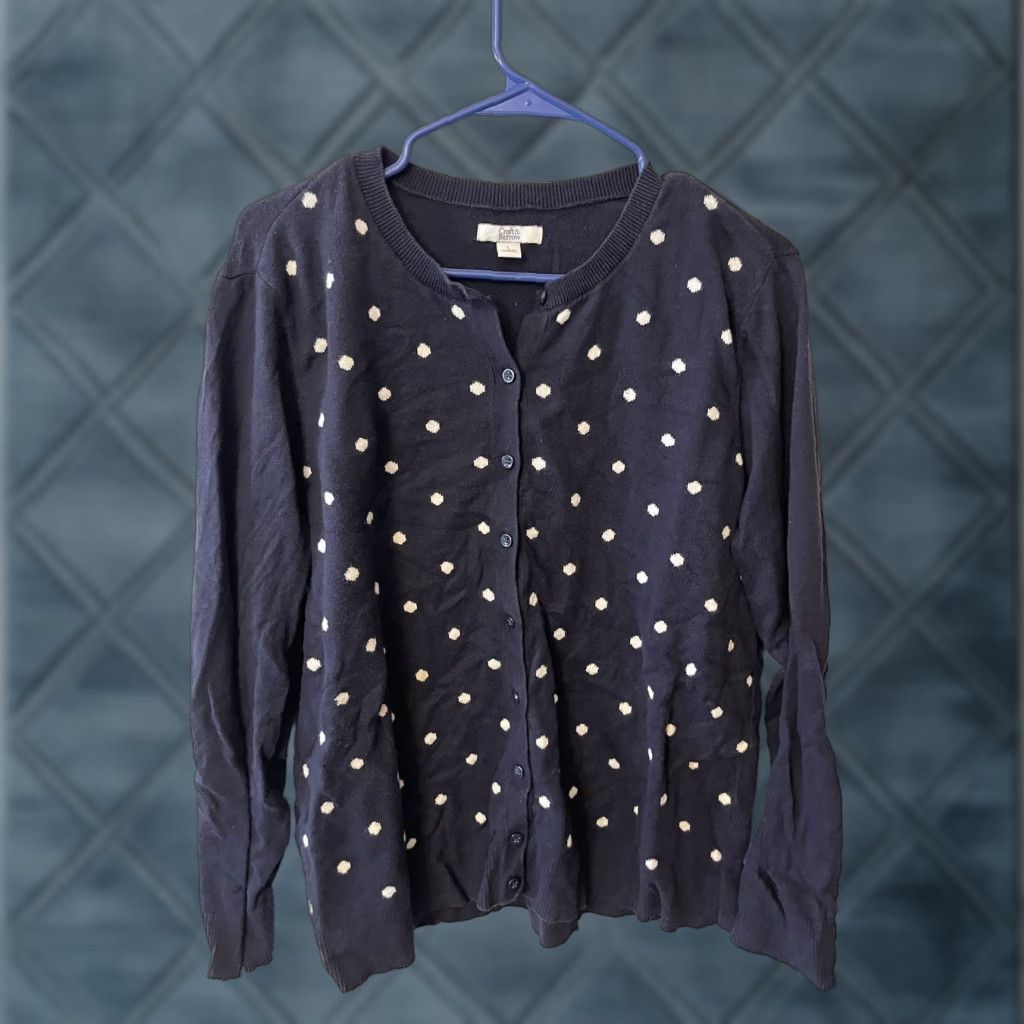 Croft & Barrow VINTAGE Croft & Barrow Cardigan Sweater Womens L Navy Blue Polka Dot Crew Neck L Size L / US 10 / IT 46 - 1 Thumbnail