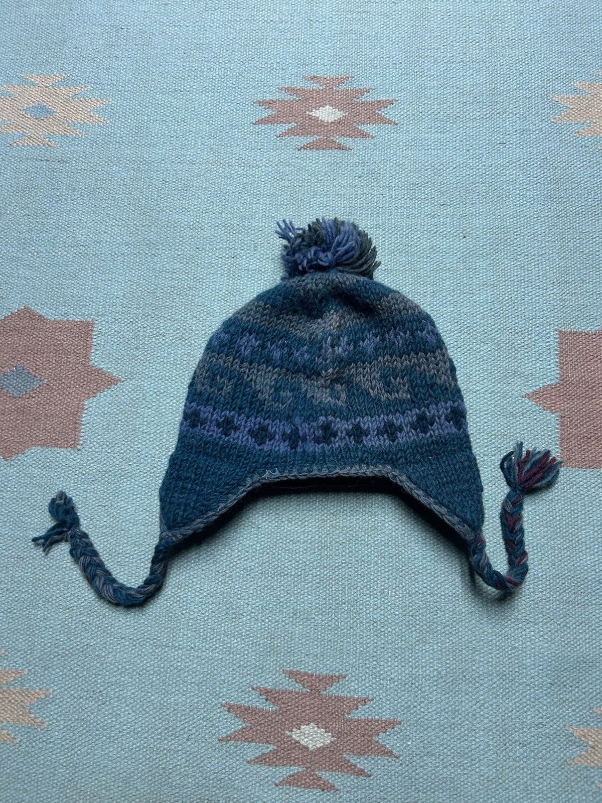 Vintage knit beanie Pom hat winter wool made Nepal geometric adult Size ONE SIZE - 6 Thumbnail