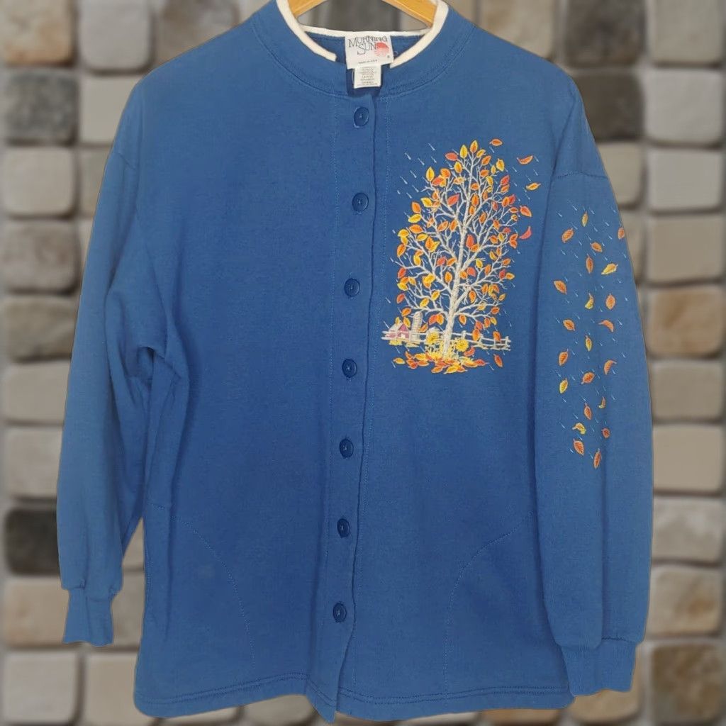 Vintage VINTAGE Morning Sun Cardigan Sweatshirt Large Women Blue 100% Cotton Knit Crew Neck Autumn Farm Nature Leaves Fall 90s? Cardigan Sweatshirt Size L / US 10 / IT 46 - 1 Thumbnail