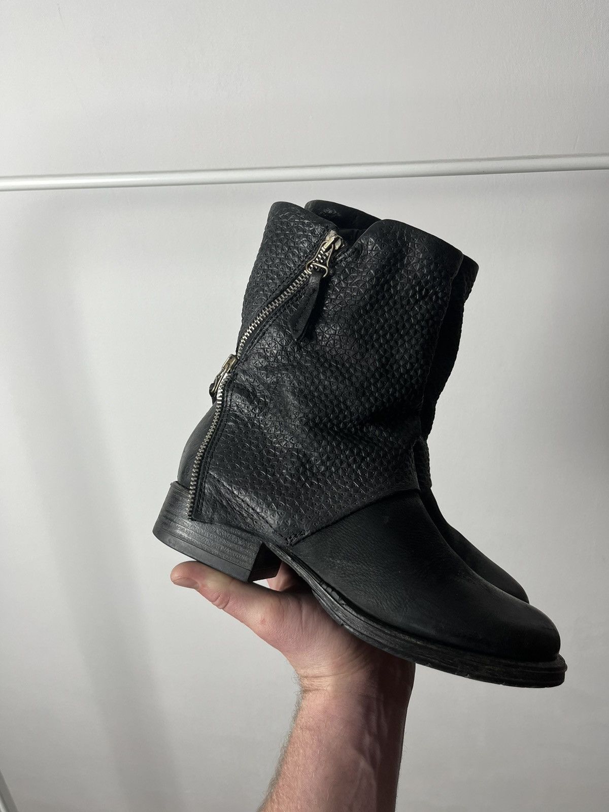 Japanese Brand Mjus Woman’s Black Leather Biker Zip Ankle Boots Shoes Size US 7 / IT 37 - 2 Thumbnail