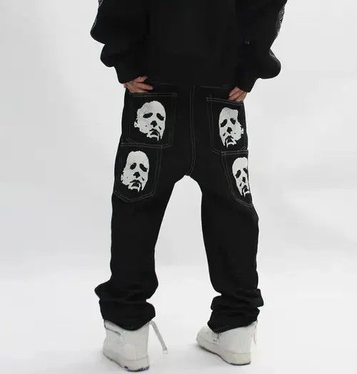 Japanese Brand × Jean Rap Hip Hop Black face print washed straight jeans Size US 32 / EU 48 - 1 Thumbnail