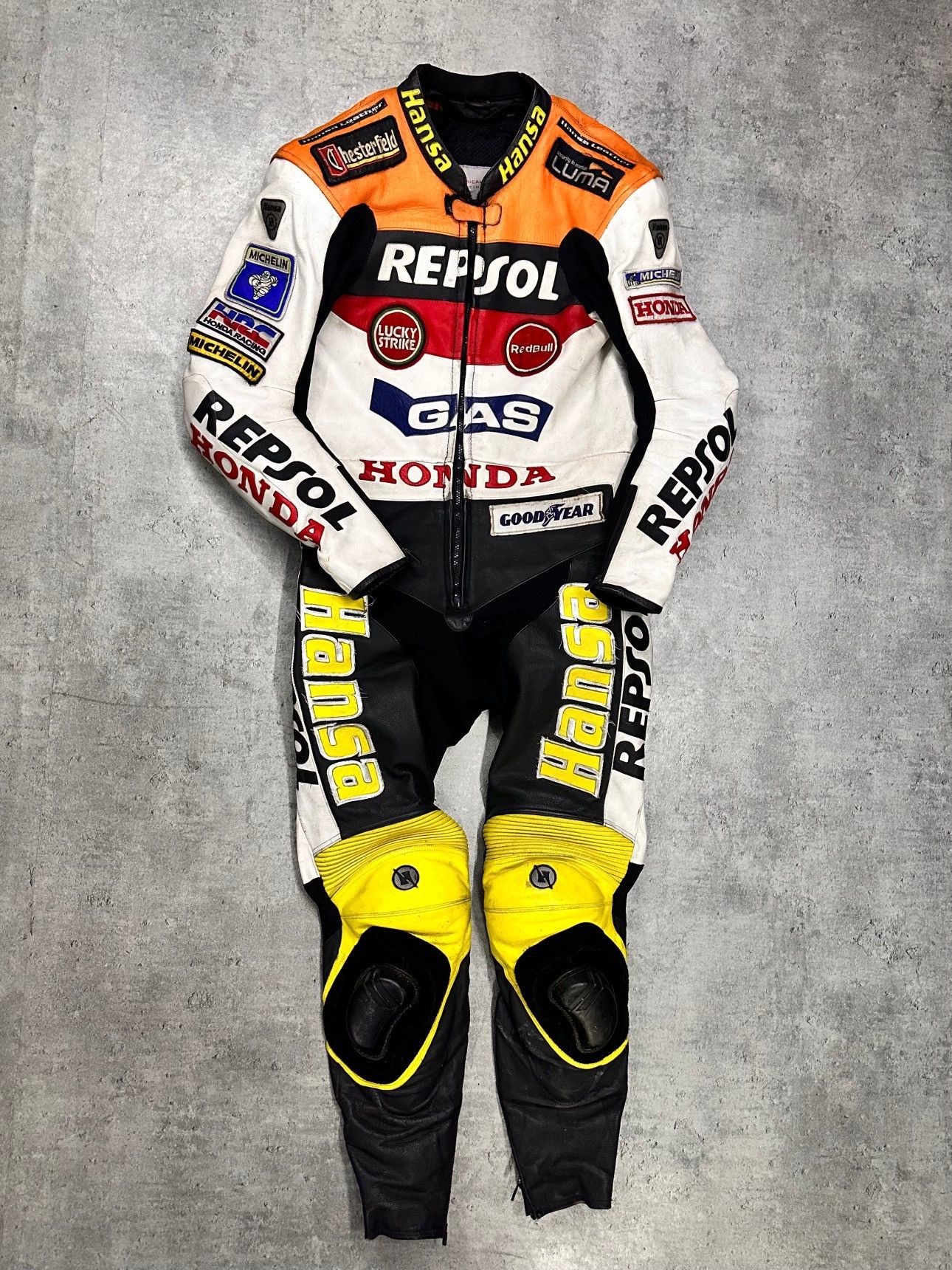 image of Leather Jacket x Moto Honda Racing Leather Suit Jacket Moto Nascar Usa Speed in White/Yellow (Size 