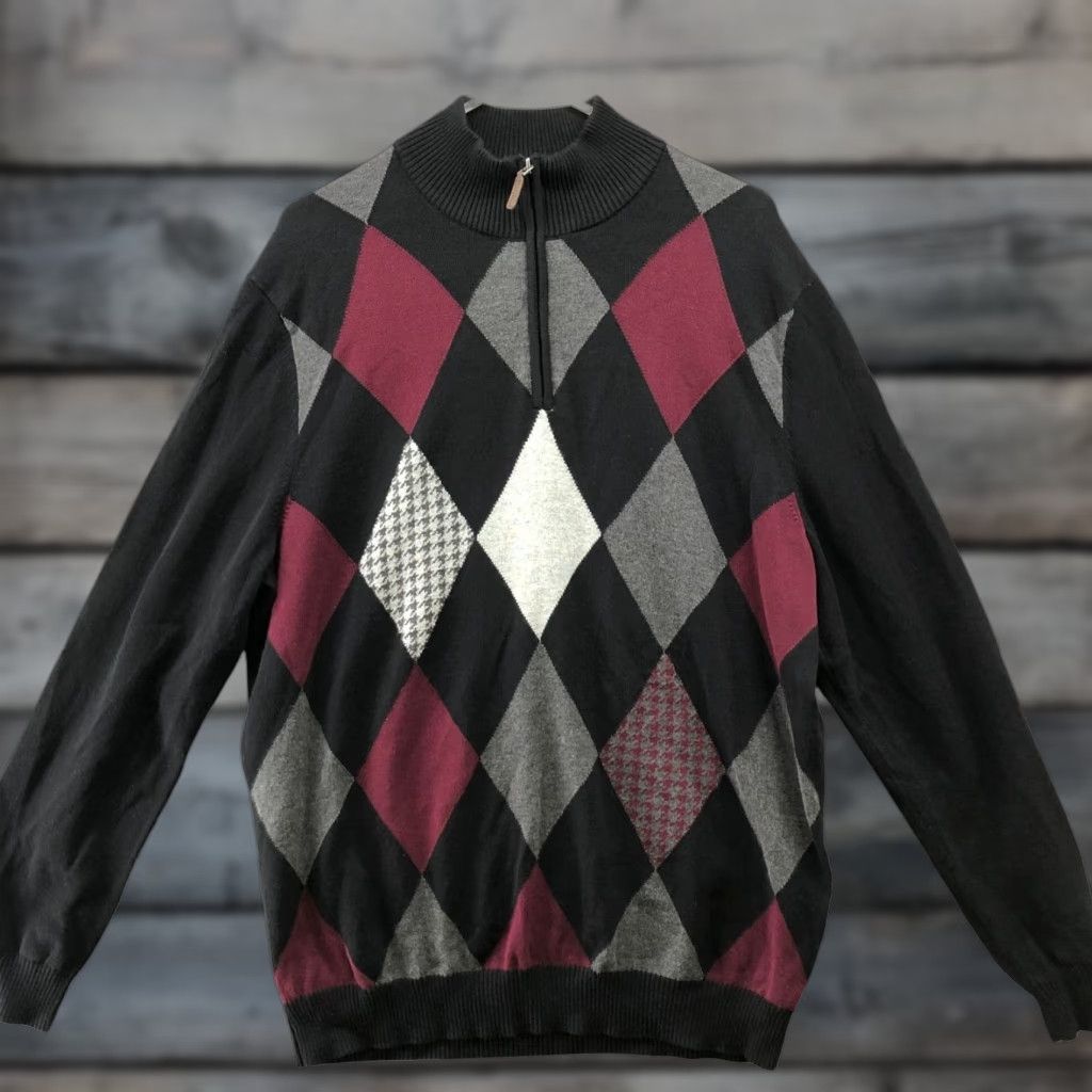 Club Room Club Room Pima Cotton 1/4 Zip Sweater Mens L Black Burgundy Argyle Classic Pullover Size US L / EU 52-54 / 3 - 1 Thumbnail