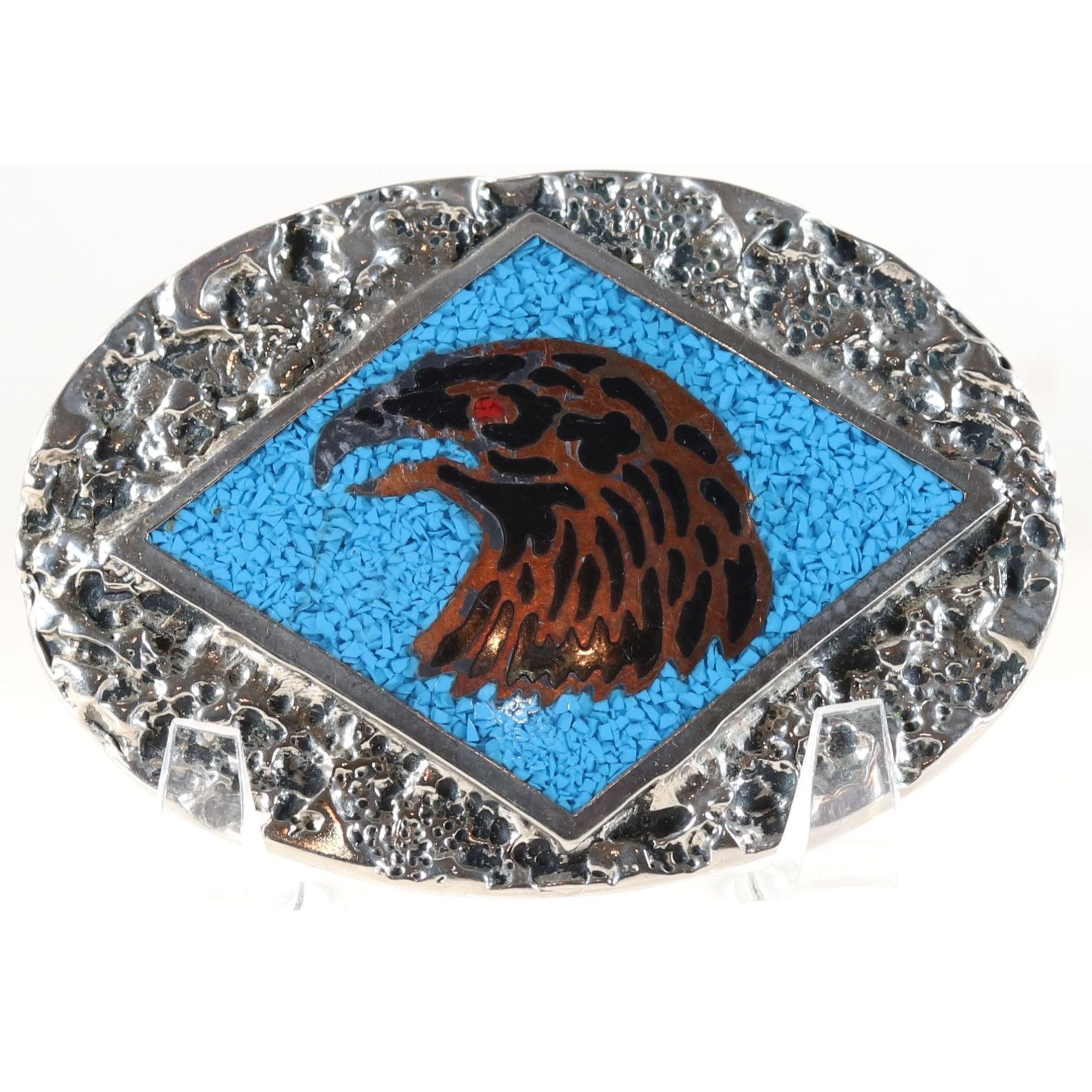 Vintage Belt Buckle Brown Eagle with Coral Set in Turquoise Solid Me Size ONE SIZE - 1 Thumbnail