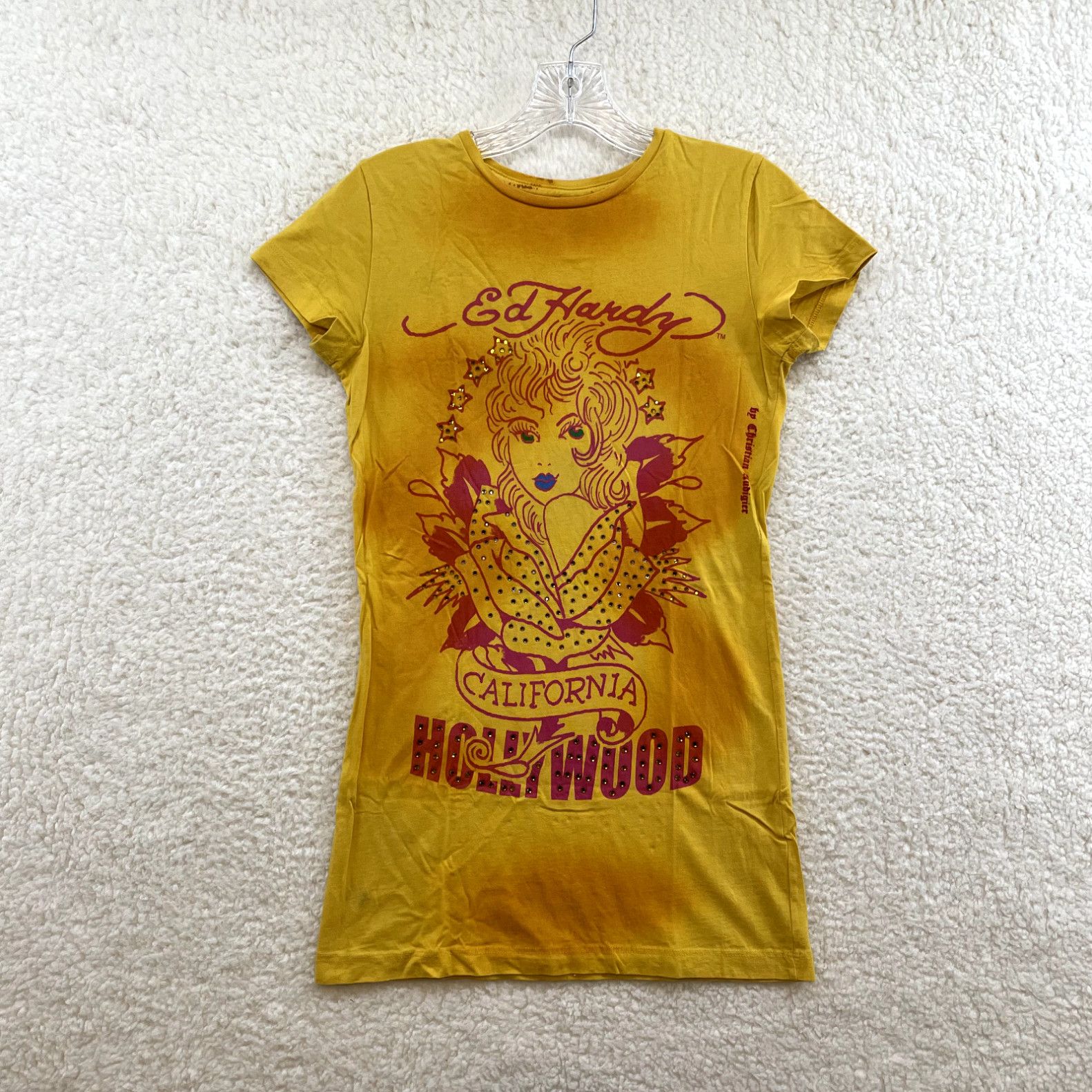 image of Y2K Vintage Ed Hardy Shirt Xs S Yellow Girl Rhinestone Cyber Grunge Hollywood in White, Women's