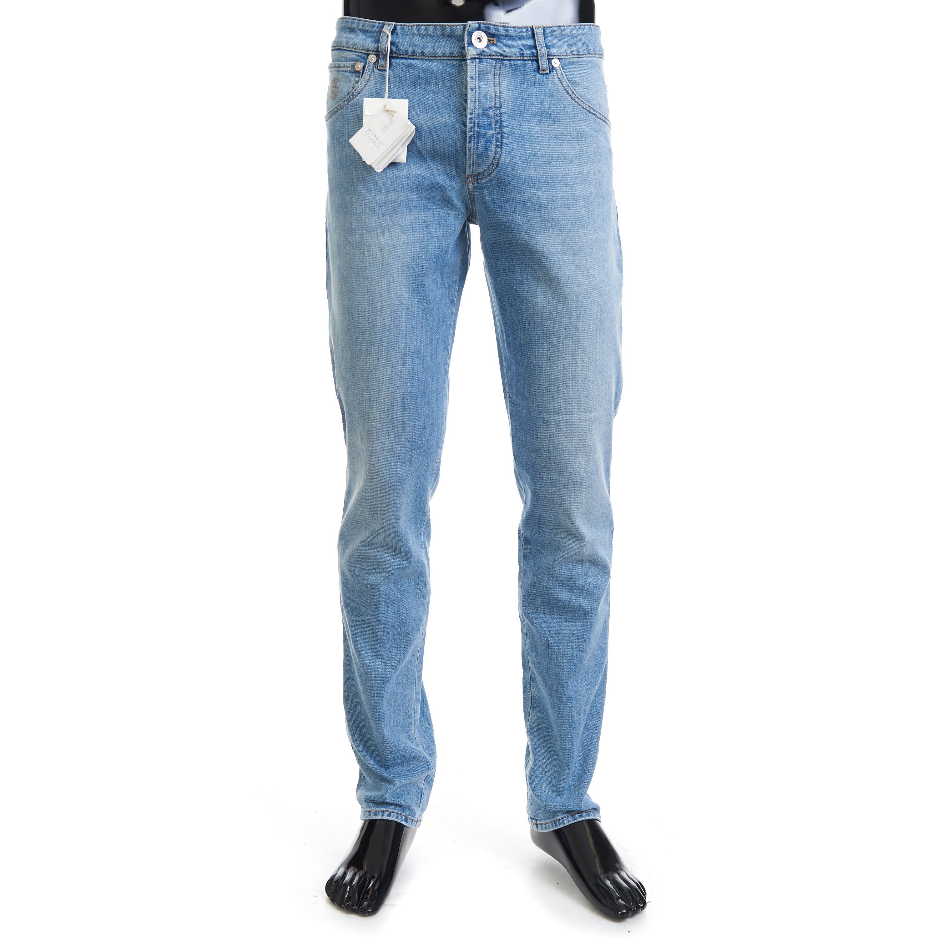 image of Brunello Cucinelli Slim Fit Five Pocket Jeans In Light Blue Denim, Men's (Size 36)