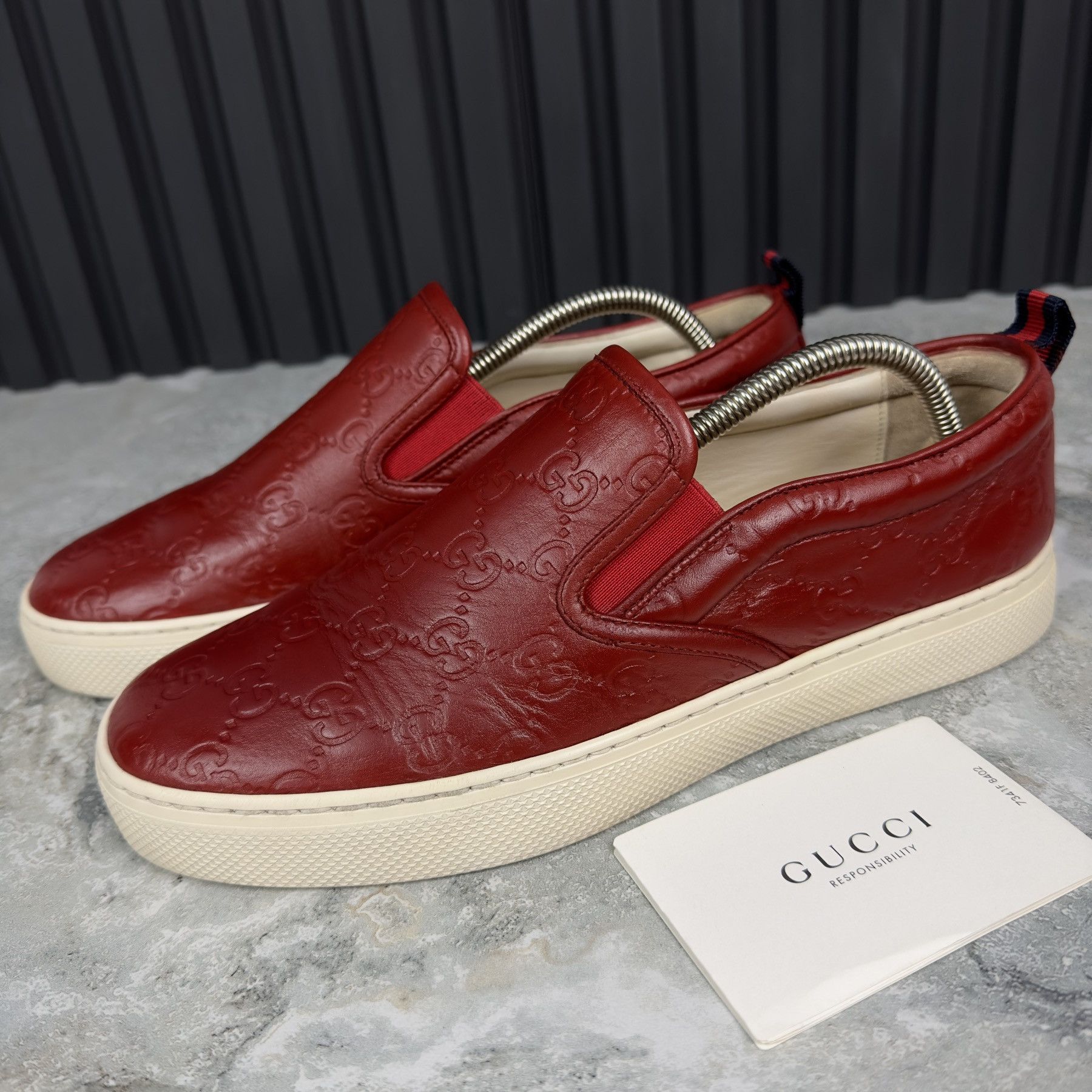 image of Gucci Web Dublin Leather GG Embossed Monogram 7 G Shoes in Red, Men's (Size 8)
