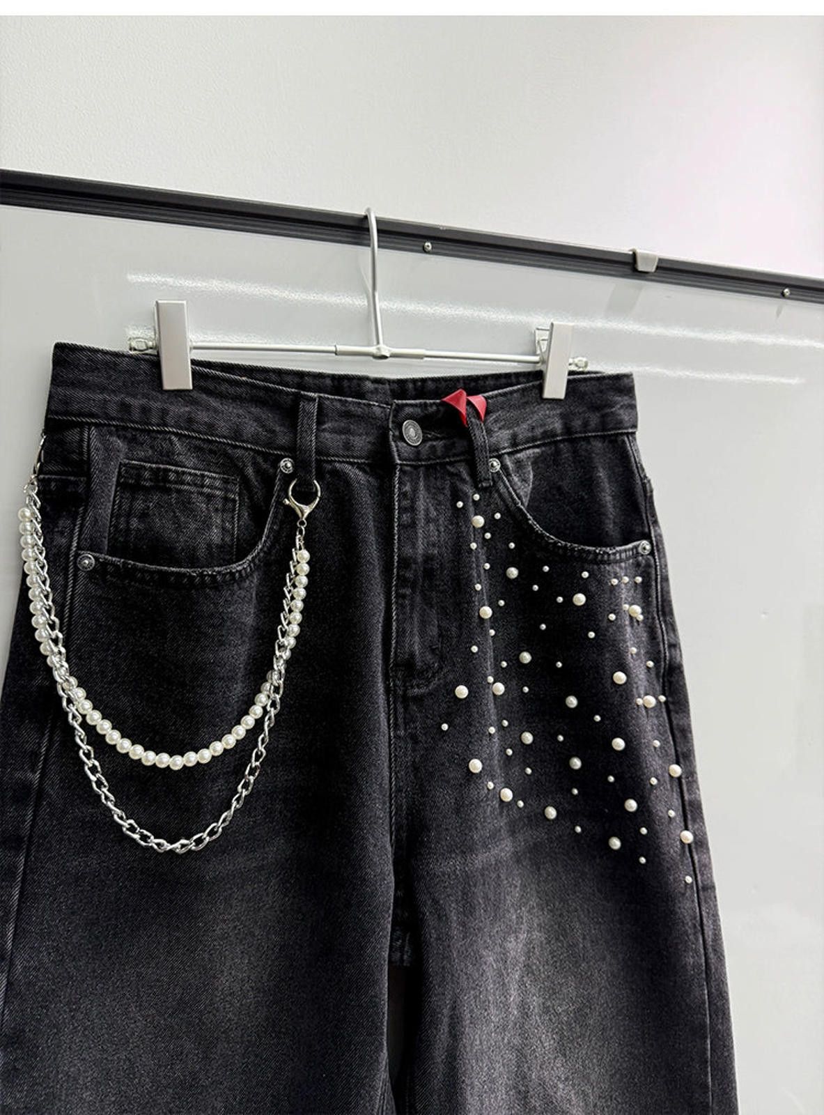 Other Black Distressed Wide Leg Jeans with Pearl Detailing Size US 32 / EU 48 - 3 Thumbnail