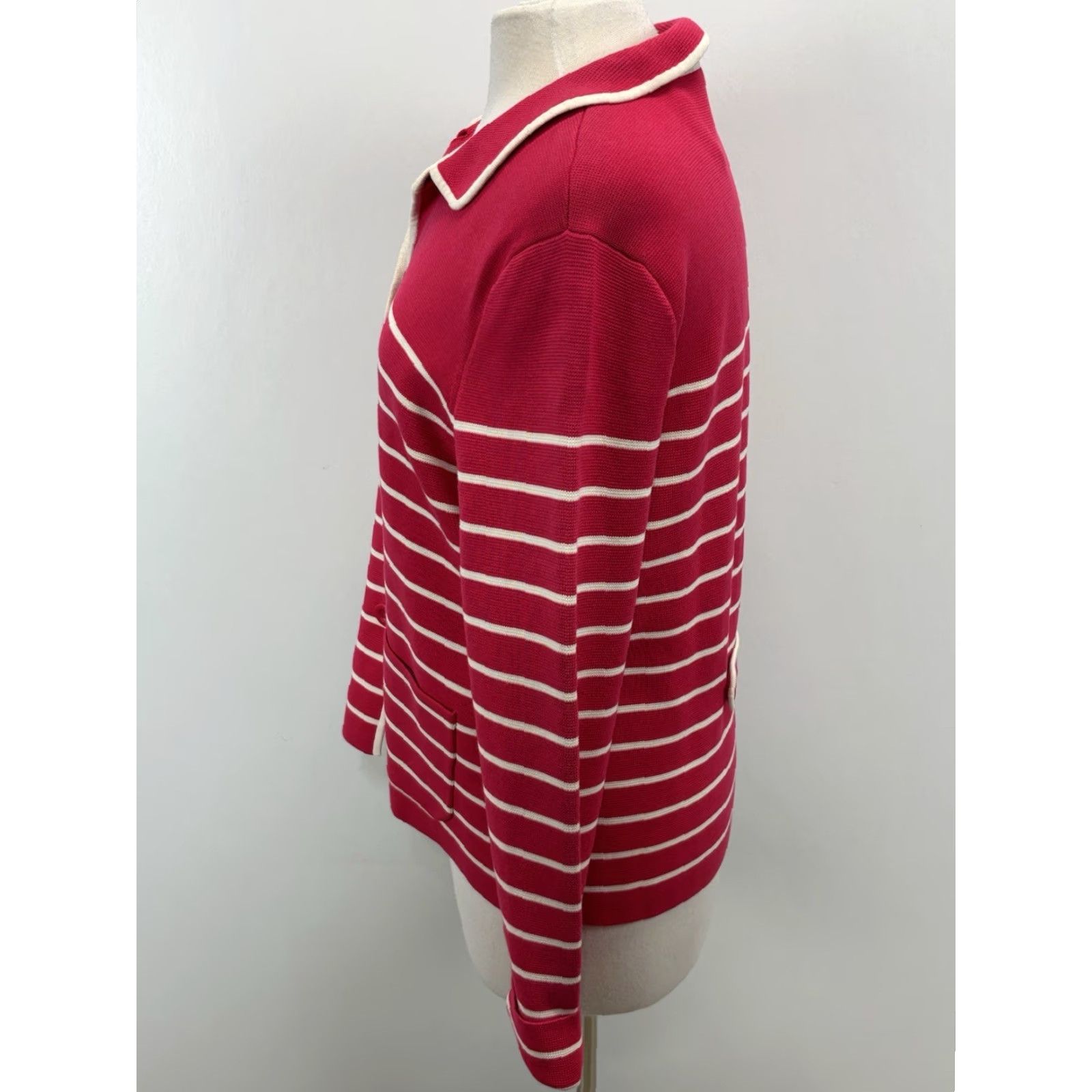 Talbots Talbots Cardigan Sweater Jacket Women L Pink White Striped Knit Cotton Blend Regular Size L / US 10 / IT 46 - 2 Thumbnail