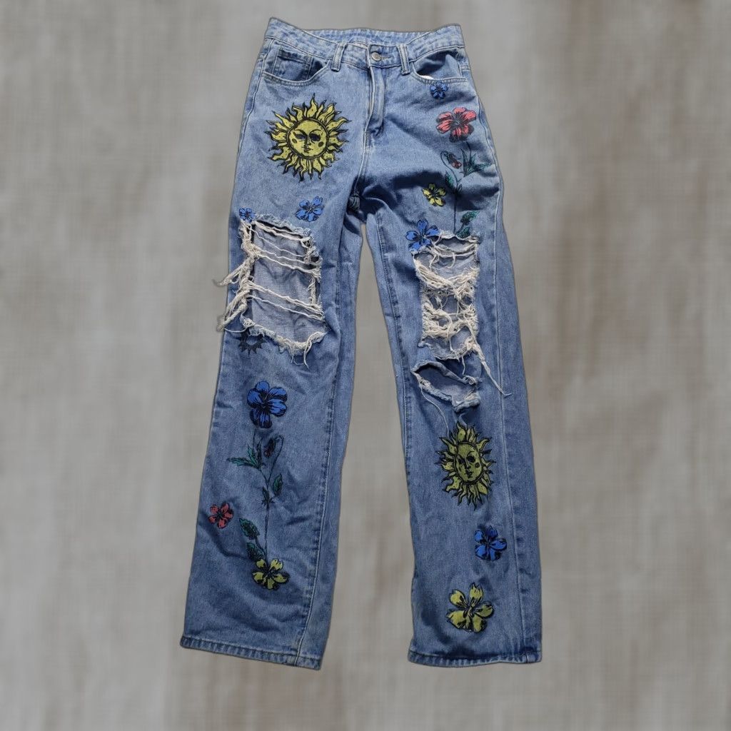 Shein SHEIN Blue Jeans Pants Floral & Sun Print Ripped Straight Distressed Women's XS Size 26" / US 2 / IT 38 - 1 Thumbnail