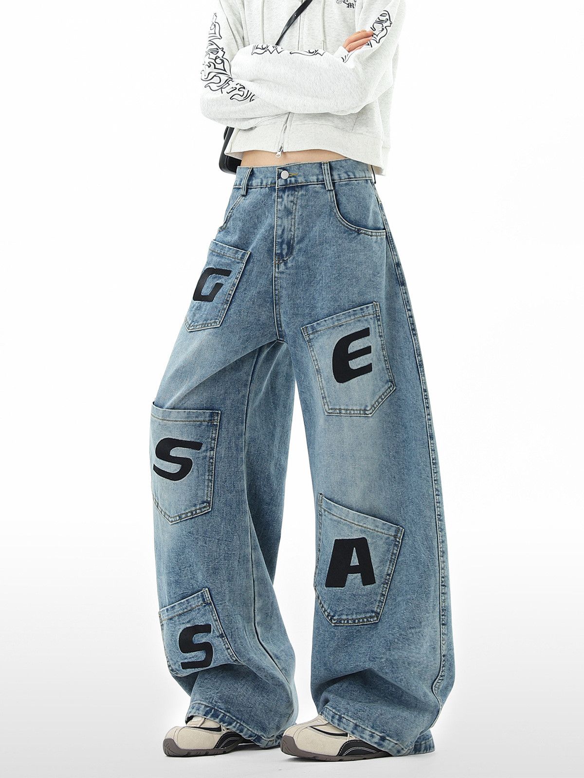 Japanese Brand High Street Embroidered Multi-Pocket Cargo Curved-Leg Jeans Size US 32 / EU 48 - 2 Thumbnail