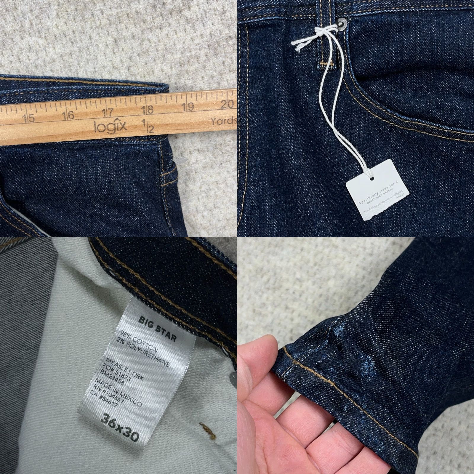 Denime BIG STAR Jeans Men 36x30 Straight Dark Wash Denim Classic 5-Pocket Logo Belt Loops 36 Adult Slim Blue Konventional Size US 36 / EU 52 - 9 Thumbnail