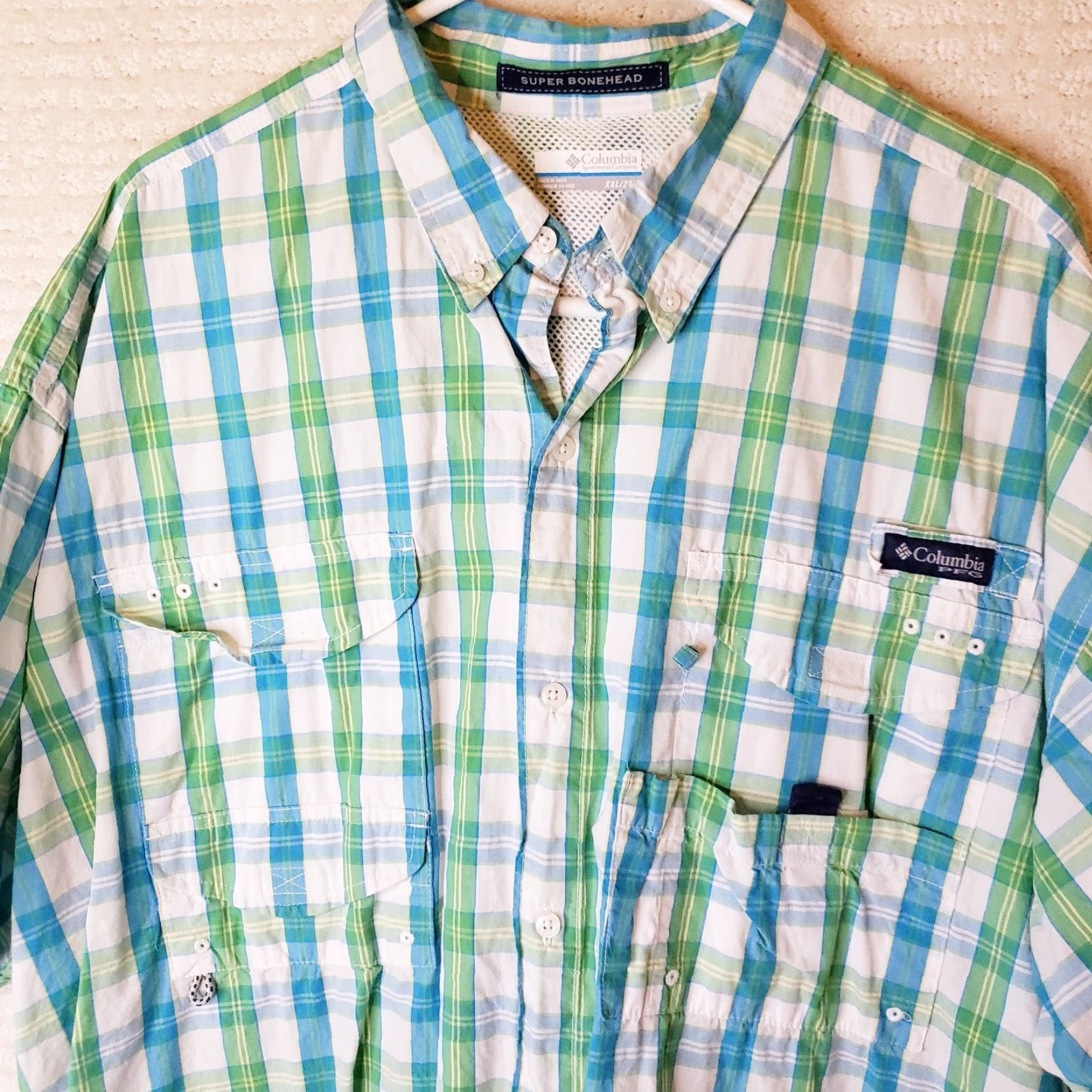 Vintage Columbia PFG Super Bonehead Fishing Shirt XXL Blue Green Plaid Short Sleeve Button-Up Size US XXL / EU 58 / 5 - 3 Thumbnail