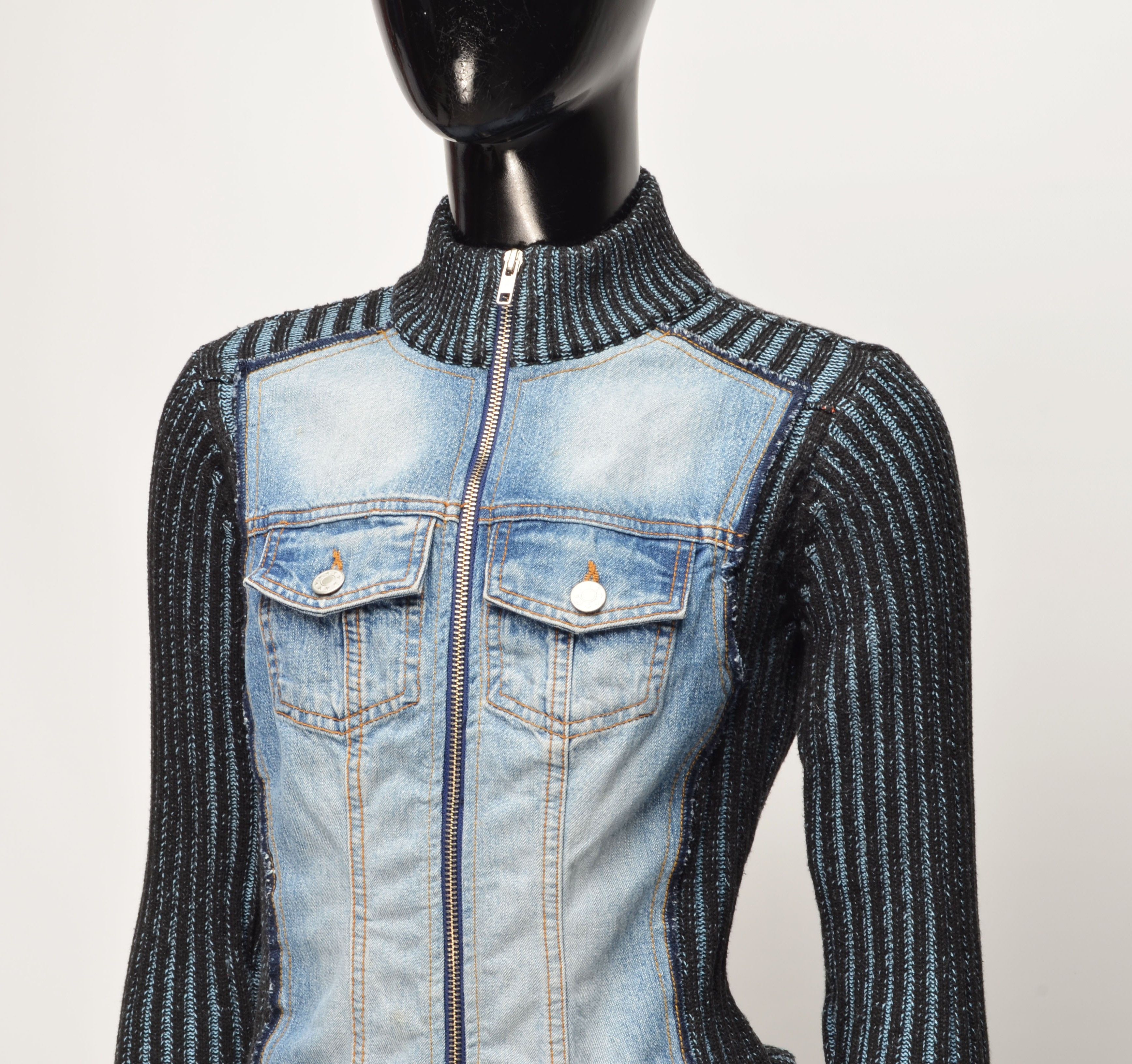Vintage Y2K Helline Denim Knit Fitted Moto Zip Up Hybrid Jacket Size XS / US 0-2 / IT 36-38 - 2 Thumbnail