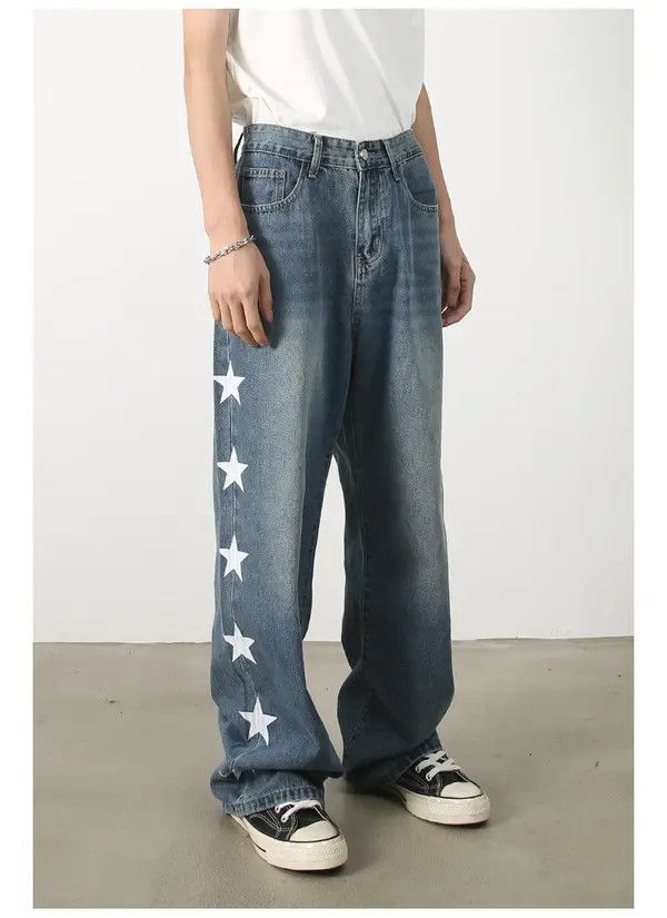 Japanese Brand Men's retro star print loose straight casual jeans Size US 32 / EU 48 - 6 Thumbnail