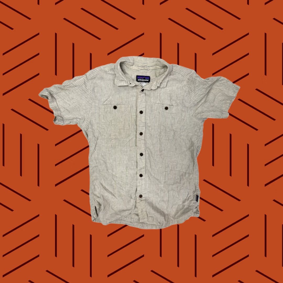 Patagonia Patagonia Men's Button-Up Shirt Small S Hemp Organic Cotton Striped Light Beige Blue Short Sleeve Size US 29 - 1 Thumbnail