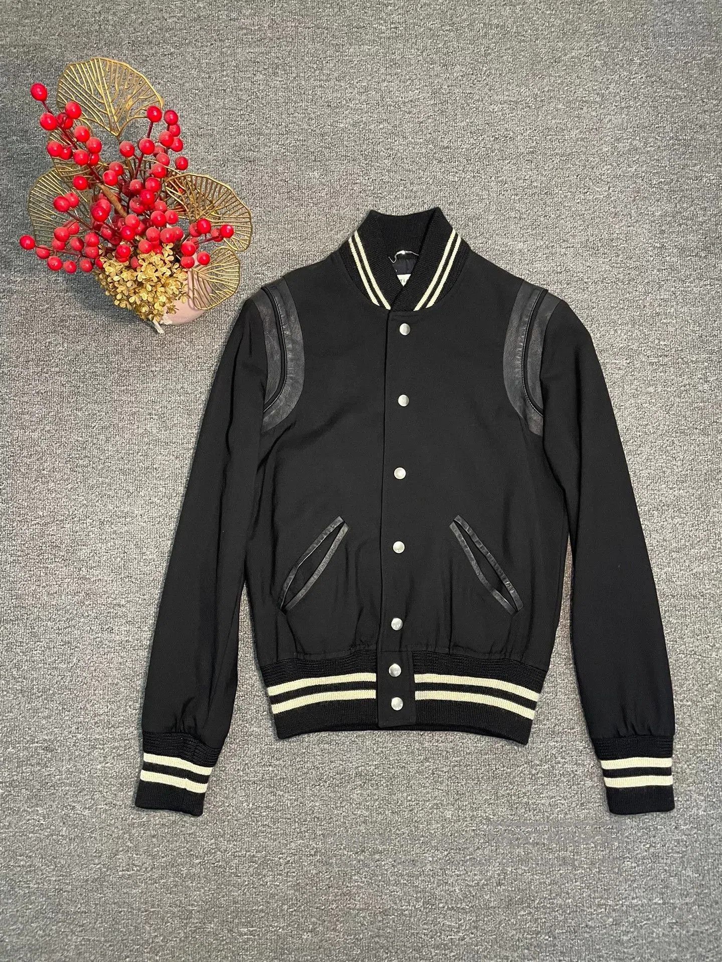 Saint Laurent Paris Saint Laurent Black Leather Accent Baseball Jacket. Size US XS / EU 42 / 0 - 1 Thumbnail