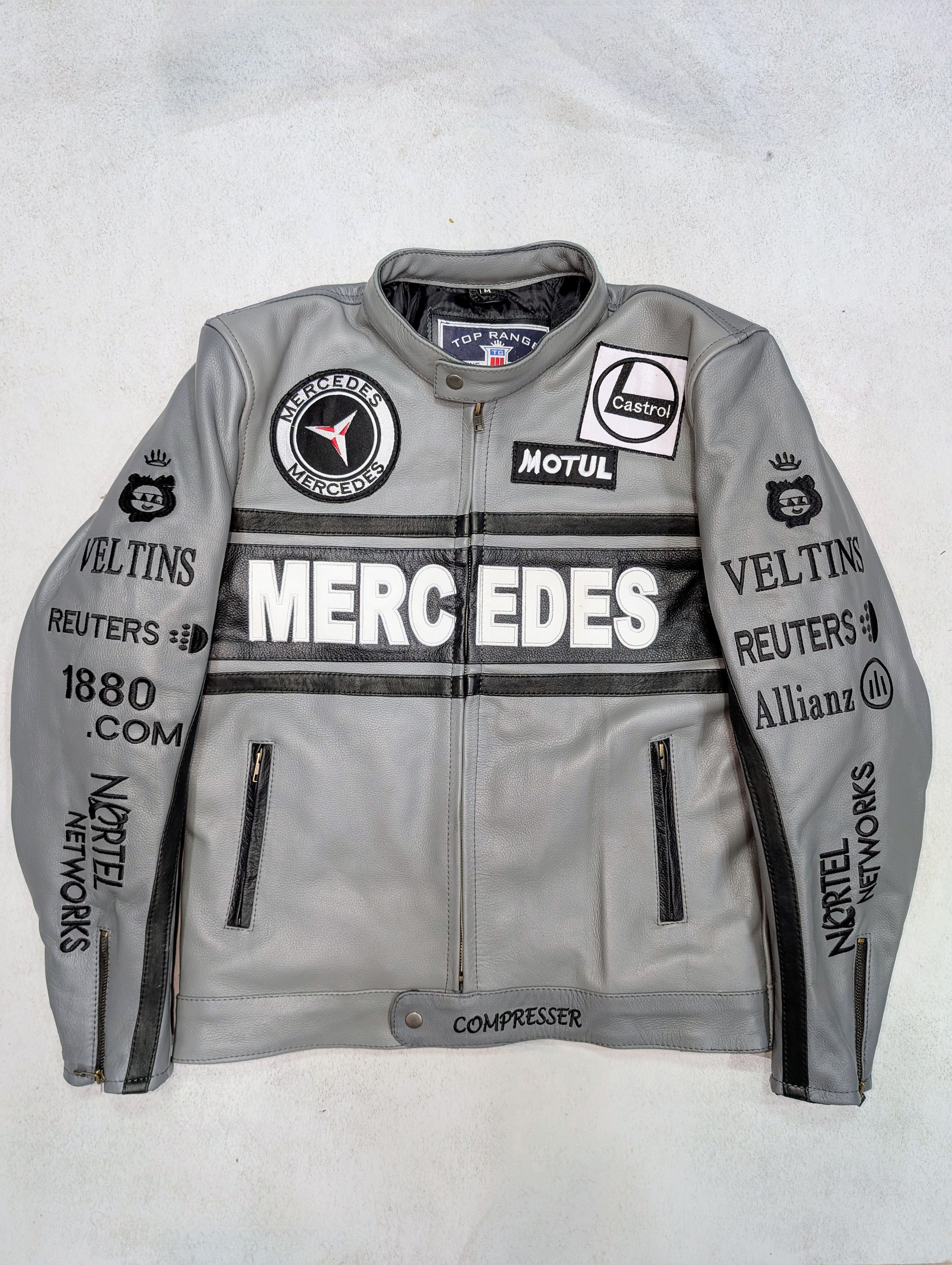 💥 Mercedes Benz 💥 Grey Racing Leather Jacket Streetwear