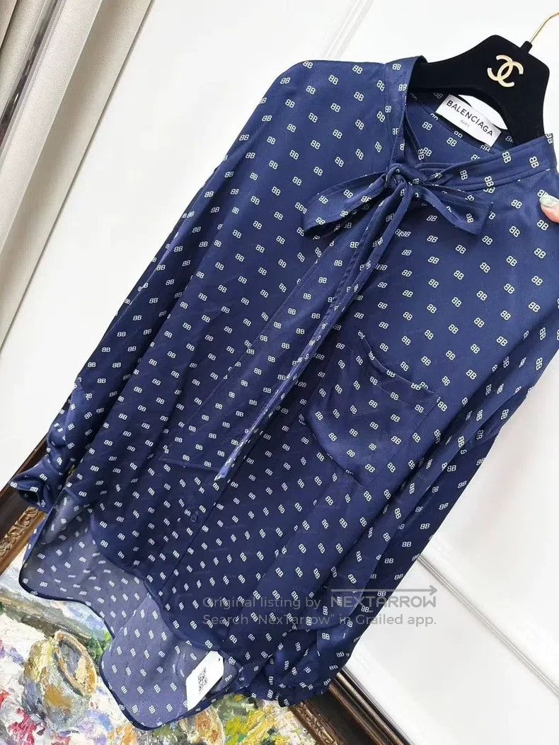 Balenciaga Dark Blue Full Print Mulberry Silk Shirt