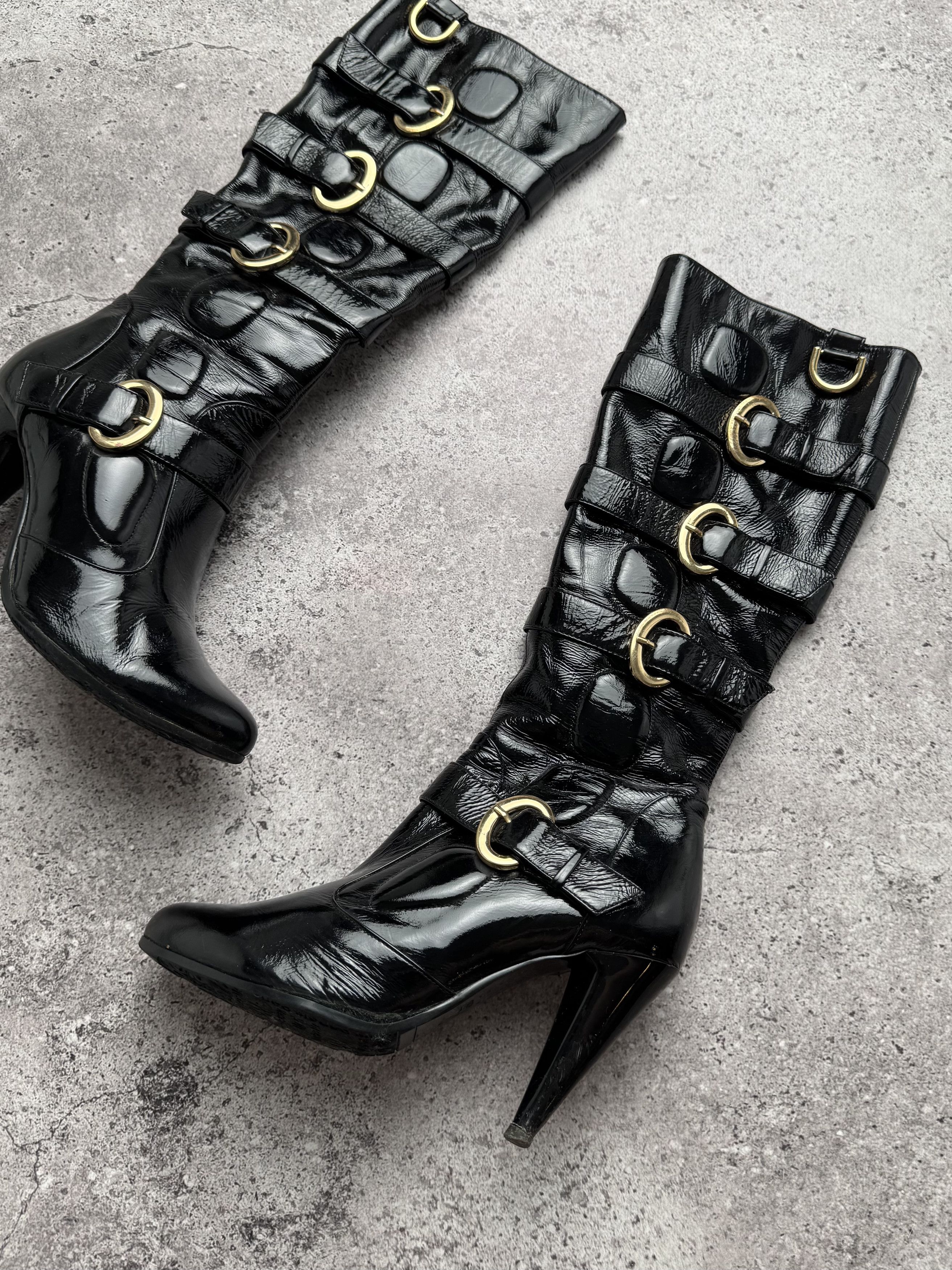 Japanese Brand Vintage Patent Leather Boots With Straps C672(V289)(E8) Size US 6 / IT 36 - 3 Thumbnail