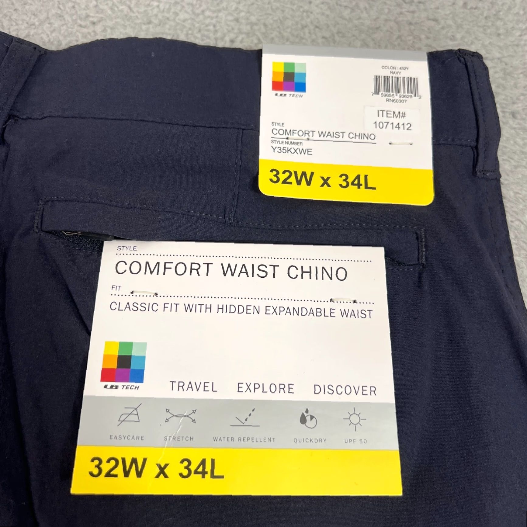 Vintage UB Tech Chino Pants Mens 32x34 Navy Adjustable Waist Stretch Quick Dry Water Resistant Pockets Classic Regular Straight 34 Inseam New with Tags Size US 32 / EU 48 - 6 Thumbnail