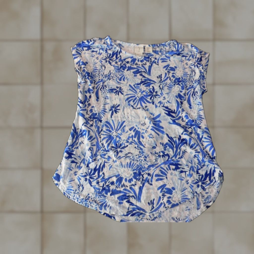 Joie JOIE Blouse Short Sleeve Linen Floral Womens S Blue Round Neck Pullover Casual Designer Basic Size S / US 4 / IT 40 - 1 Thumbnail