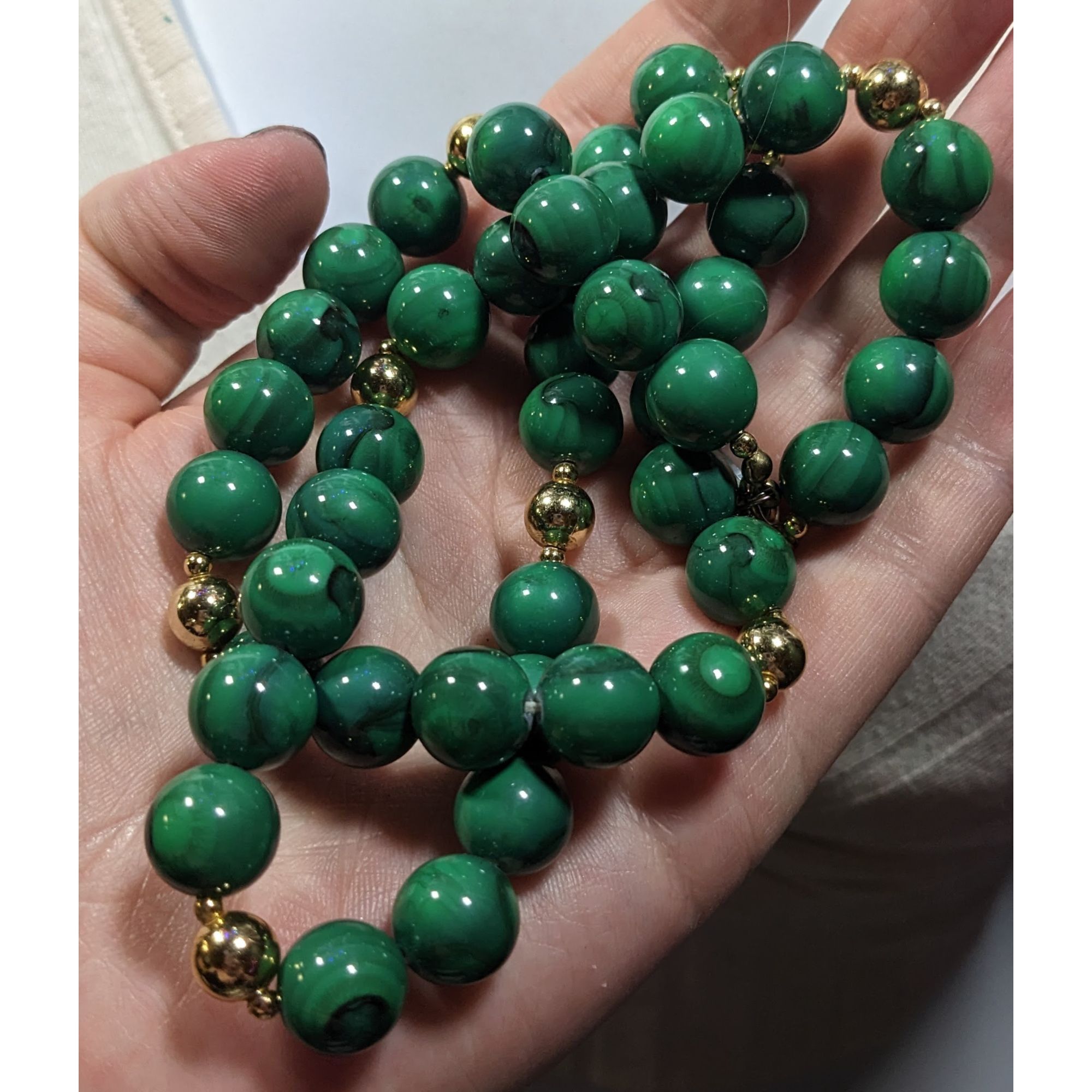 Other Faux Malachite Green And Gold Tone Beaded Necklace Size ONE SIZE - 3 Thumbnail