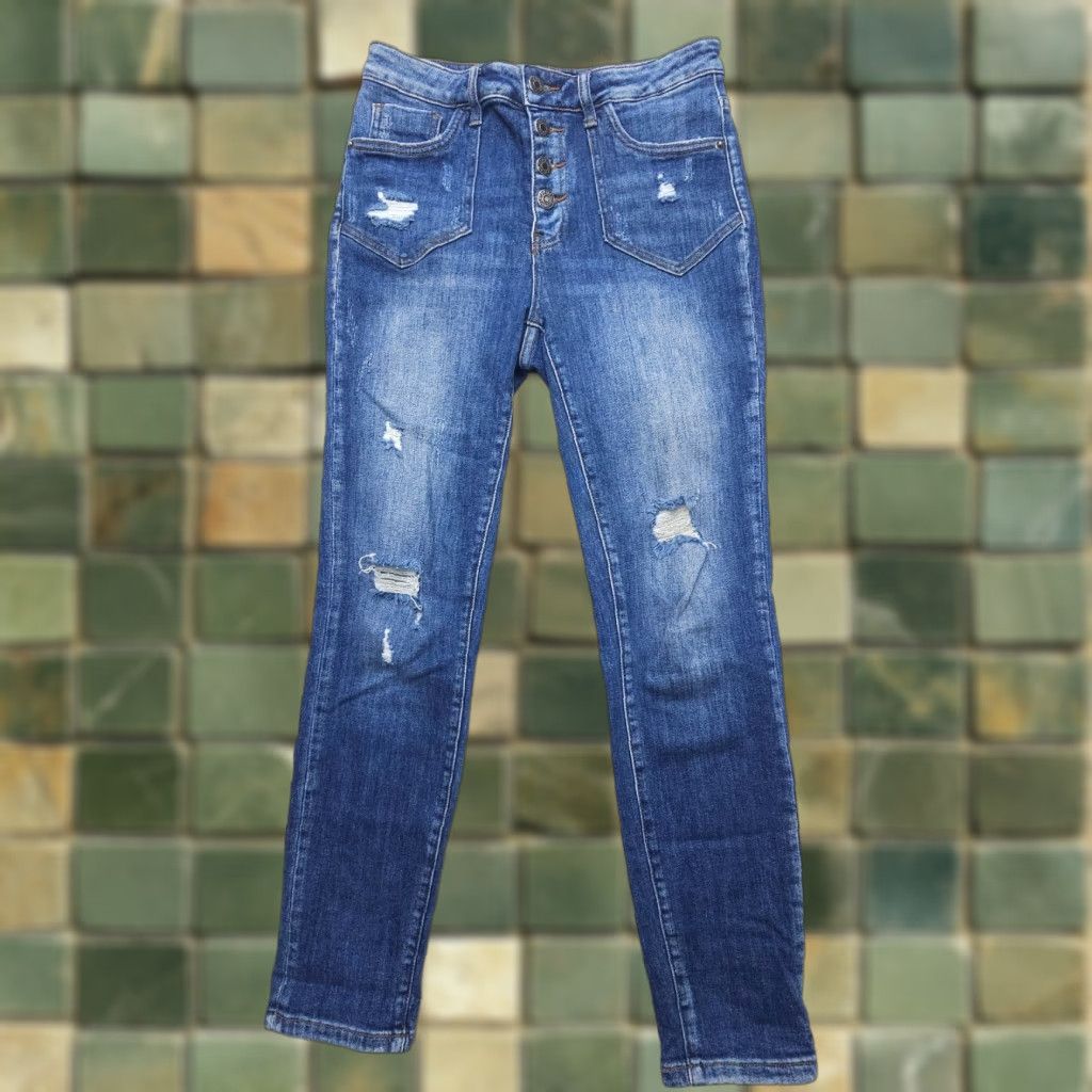 Vintage Risen Jeans Womens 28 High Rise Button Fly Distressed Straight Dark Wash Denim Blue 5-Pocket Stretch Size 28" / US 6 / IT 42 - 1 Thumbnail