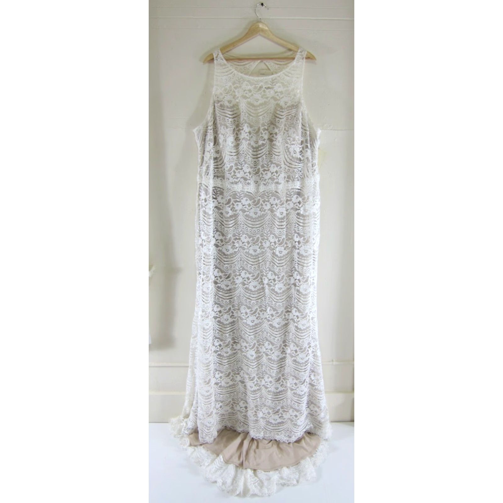 Vintage NWT Melissa Sweet Ivory Illusion Plunge Lace Sheath Open Back Wedding Dress 26W Size 26 - 3 Thumbnail