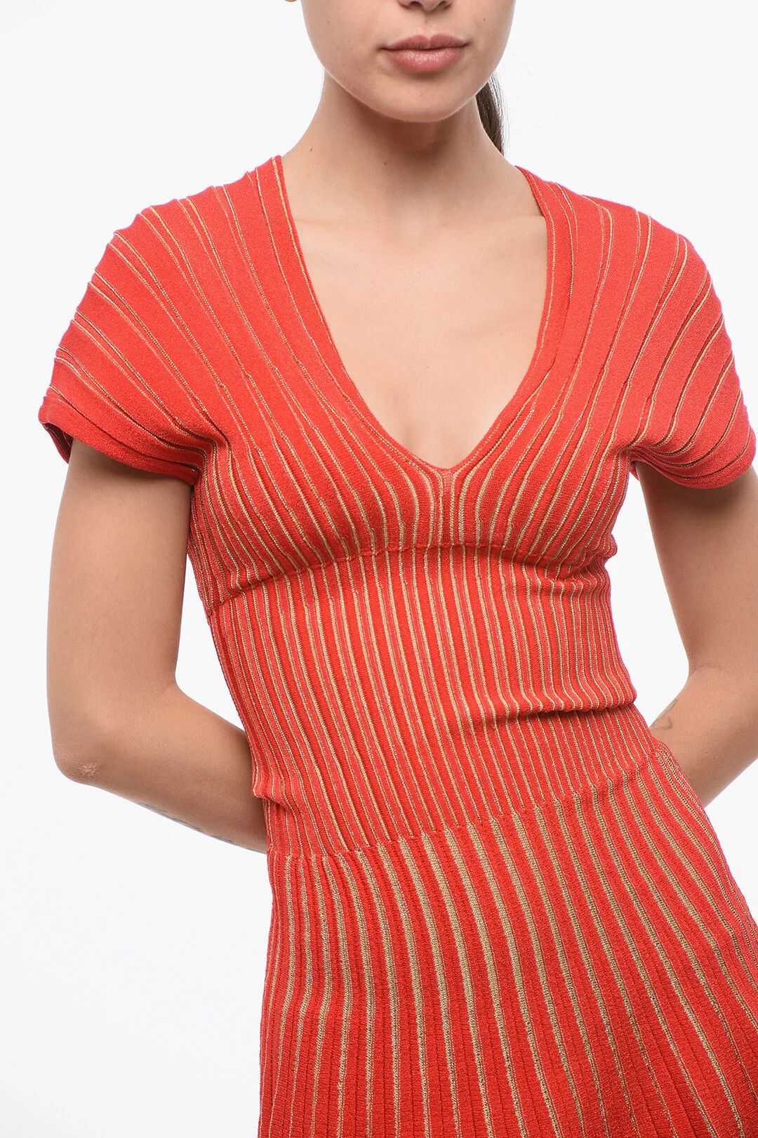 Balmain og1mm0326 V-Neck Pleated Mini Dress in Red Size XS / US 0-2 / IT 36-38 - 3 Thumbnail