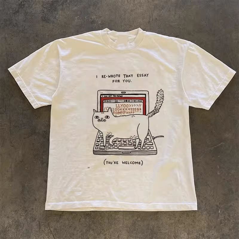 Vintage White retro cat print cotton t-shirt Size US M / EU 48-50 / 2 - 1 Thumbnail