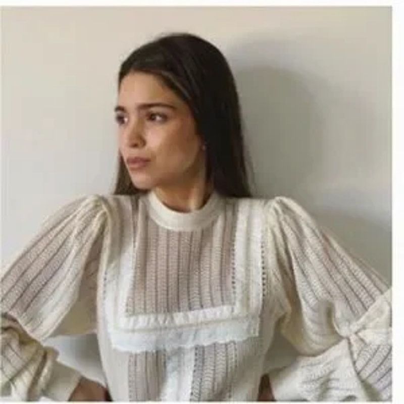 Zara Zara Romantic Sheer Knit Top Lace Trim High Neck Top Size S / US 4 / IT 40 - 1 Thumbnail