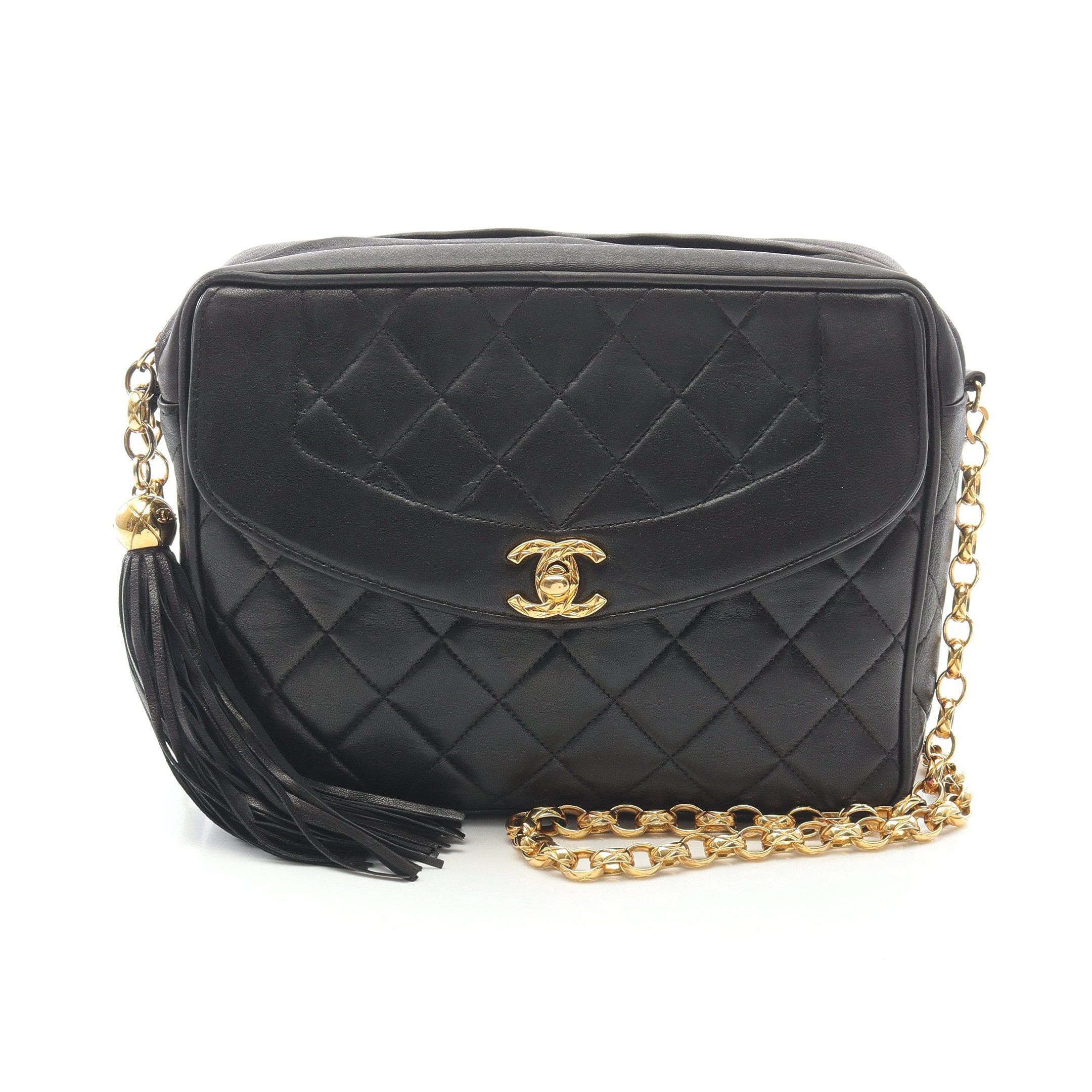 Chanel Matelasse Chain Shoulder Bag Tassel Lambskin Black Gold Hardware