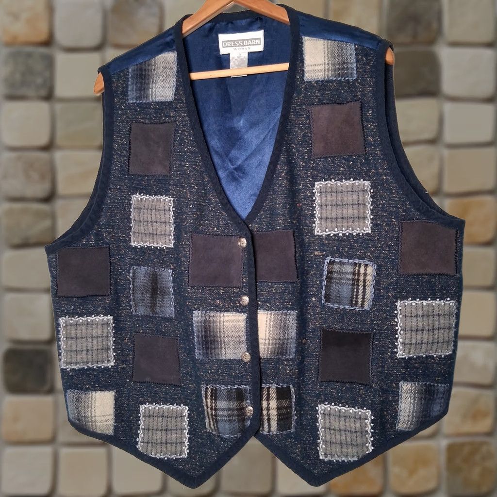 Vintage VINTAGE Dressbarn Vest Blue Plus Size 3X Patchwork Wool Leather Blend Boho Size XXL / US 16-18 / IT 52-54 - 1 Thumbnail