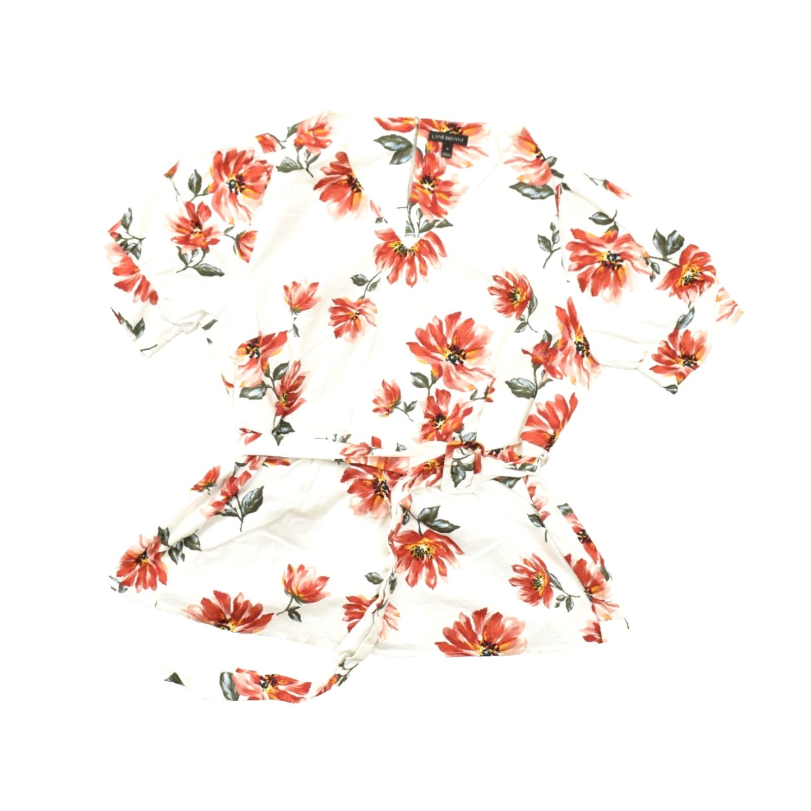 Vintage Lane Bryant Women Size 18 Blouse V-Neck White Floral Belted Peplum Top Cotton Spandex Size XXL / US 16-18 / IT 52-54 - 2 Thumbnail